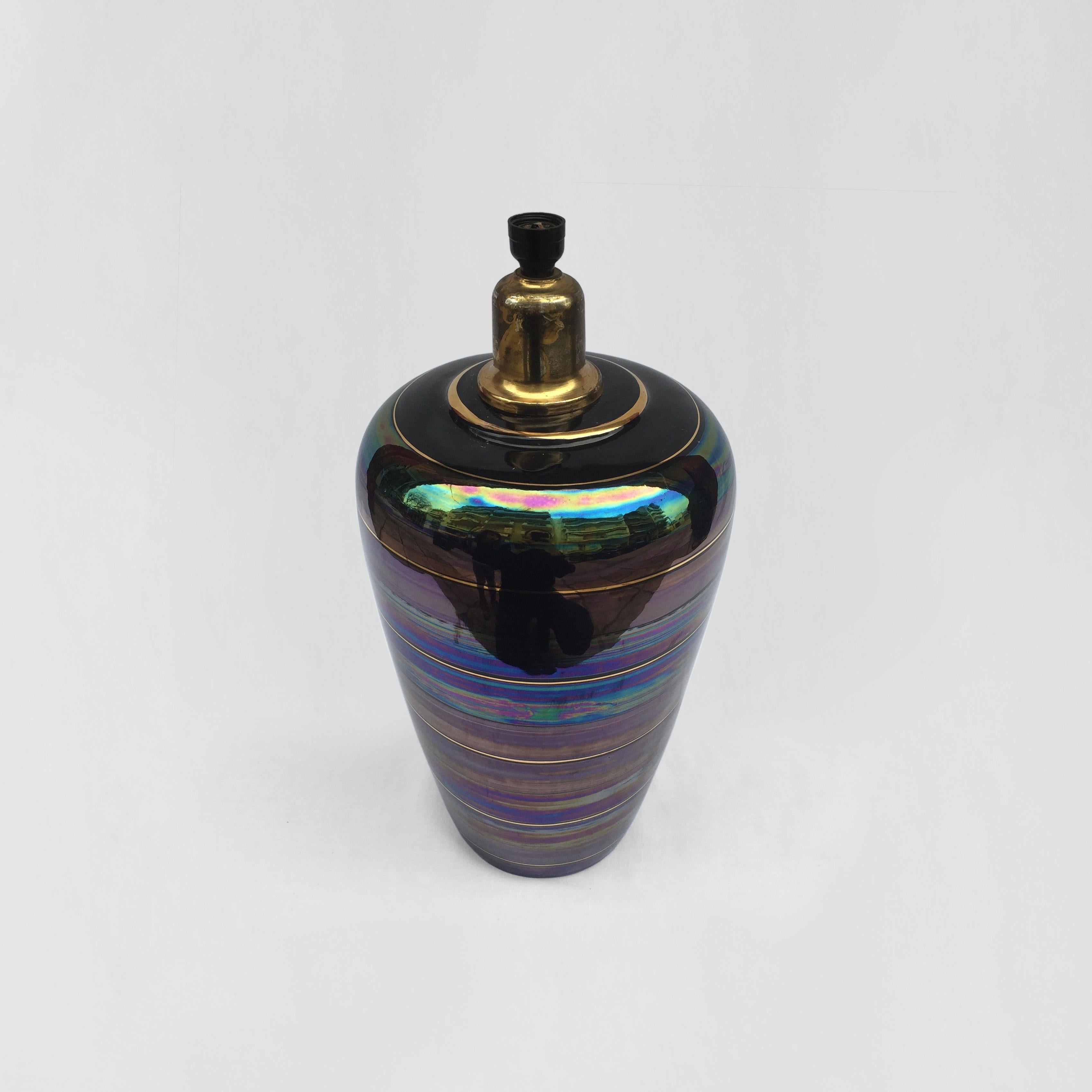 Glazed Iridescent Ceramic Table Lamp 1970s Art Nouveau Style Manner of Johann Loetz For Sale