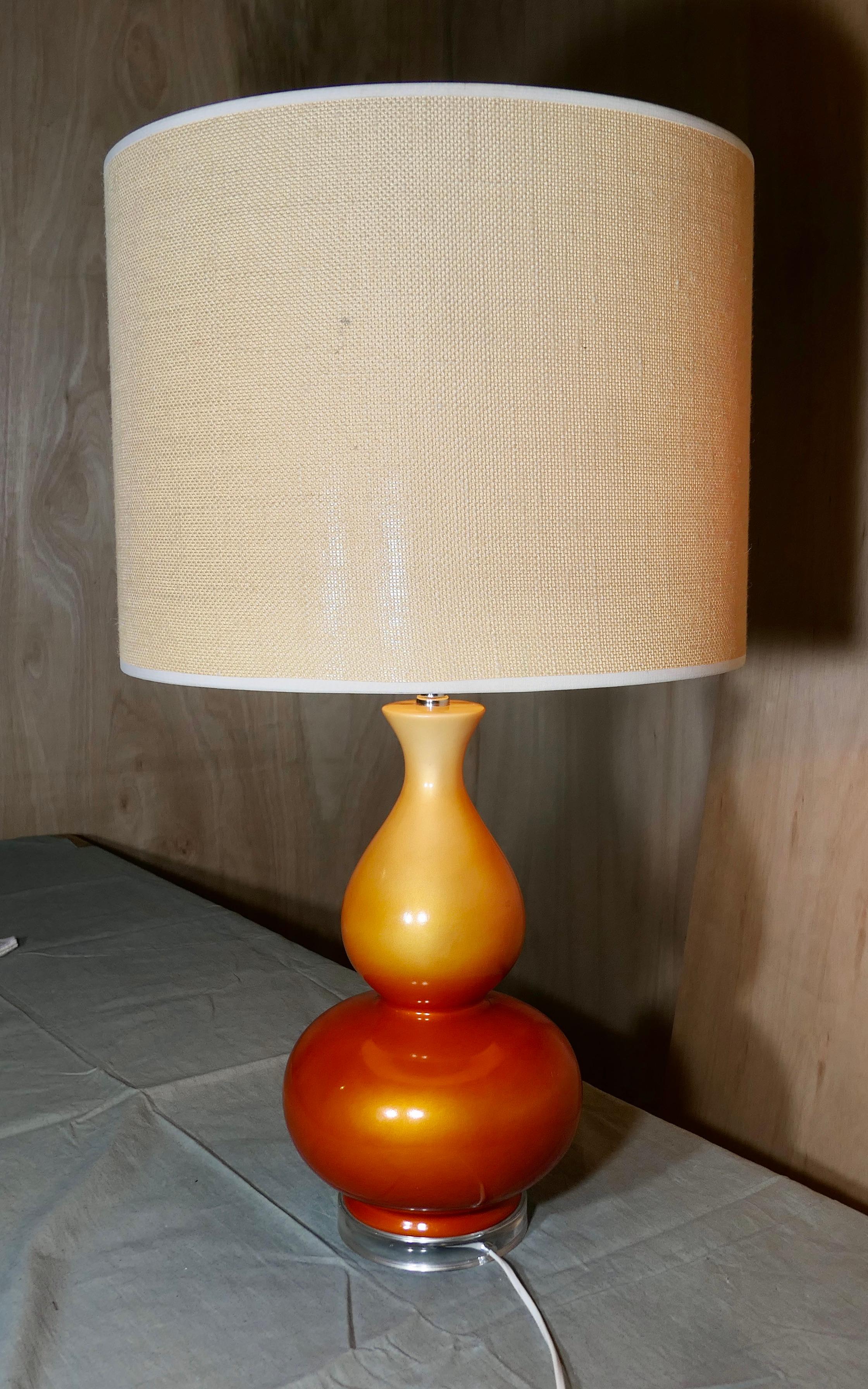 Mid-Century Modern Iridescent Ceramic Table Lamp, Tangerine Dream with Linen Shade For Sale