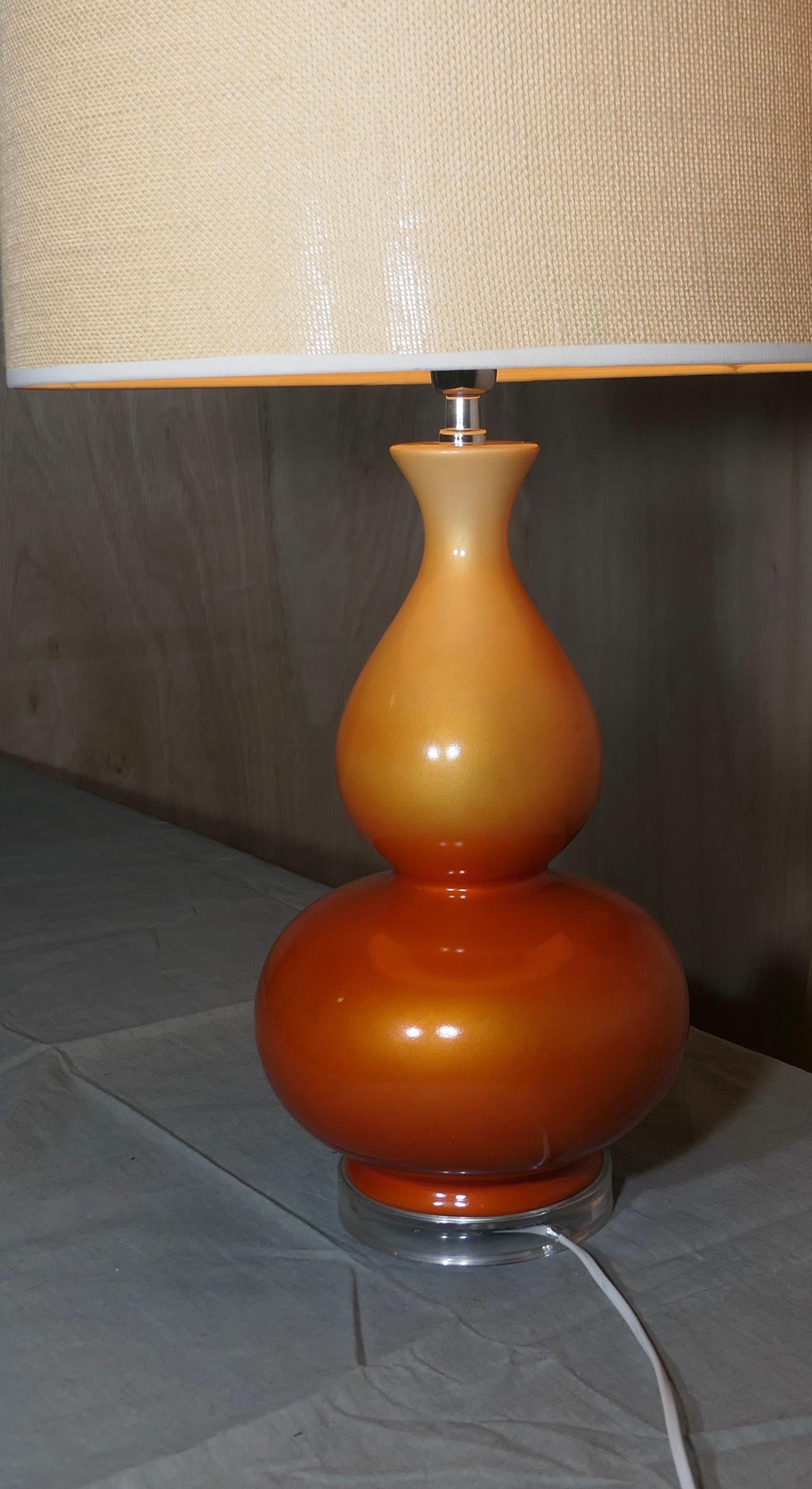 Iridescent Ceramic Table Lamp, Tangerine Dream with Linen Shade In Good Condition For Sale In Godshill, Isle of Wight