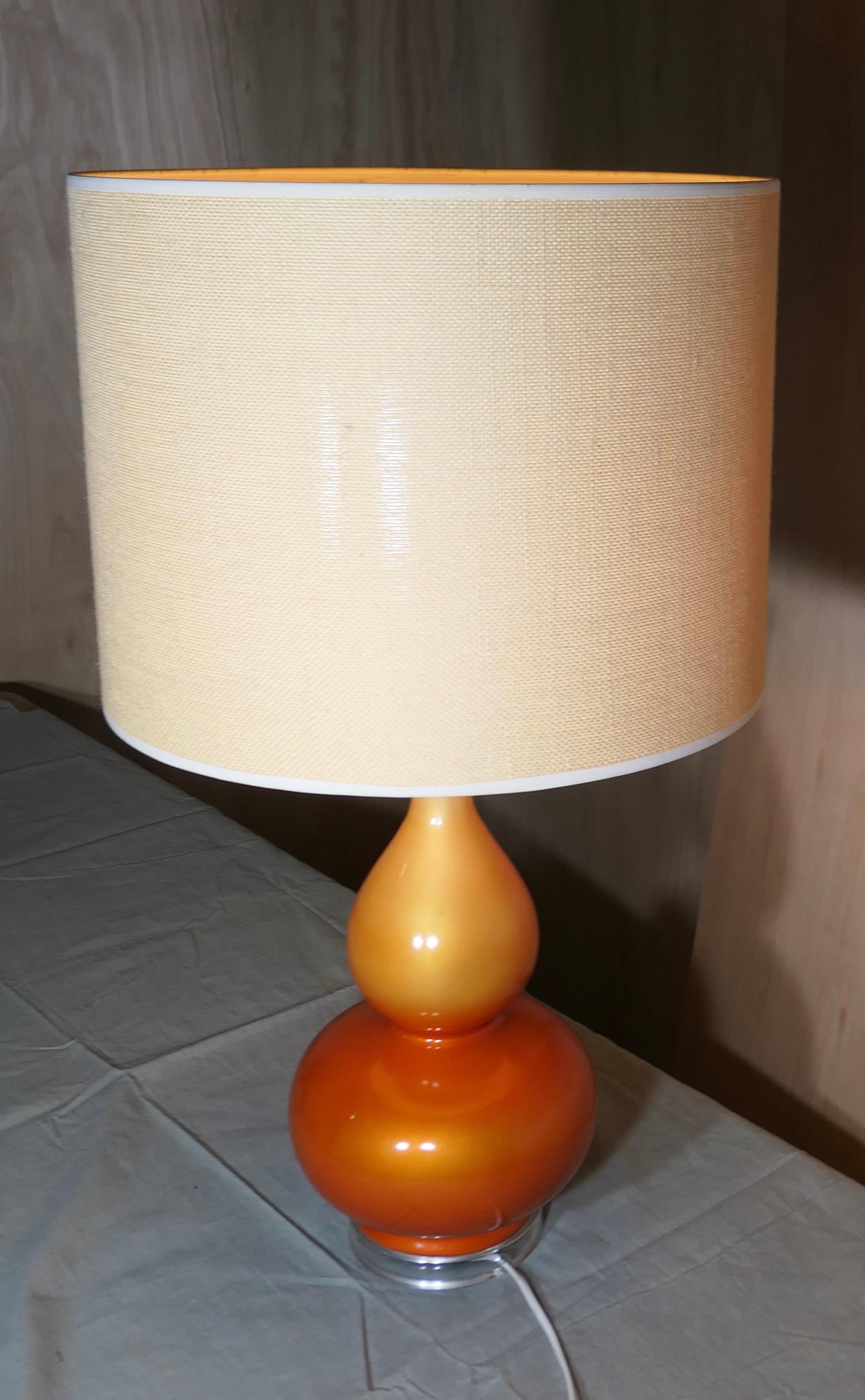 Mid-20th Century Iridescent Ceramic Table Lamp, Tangerine Dream with Linen Shade For Sale