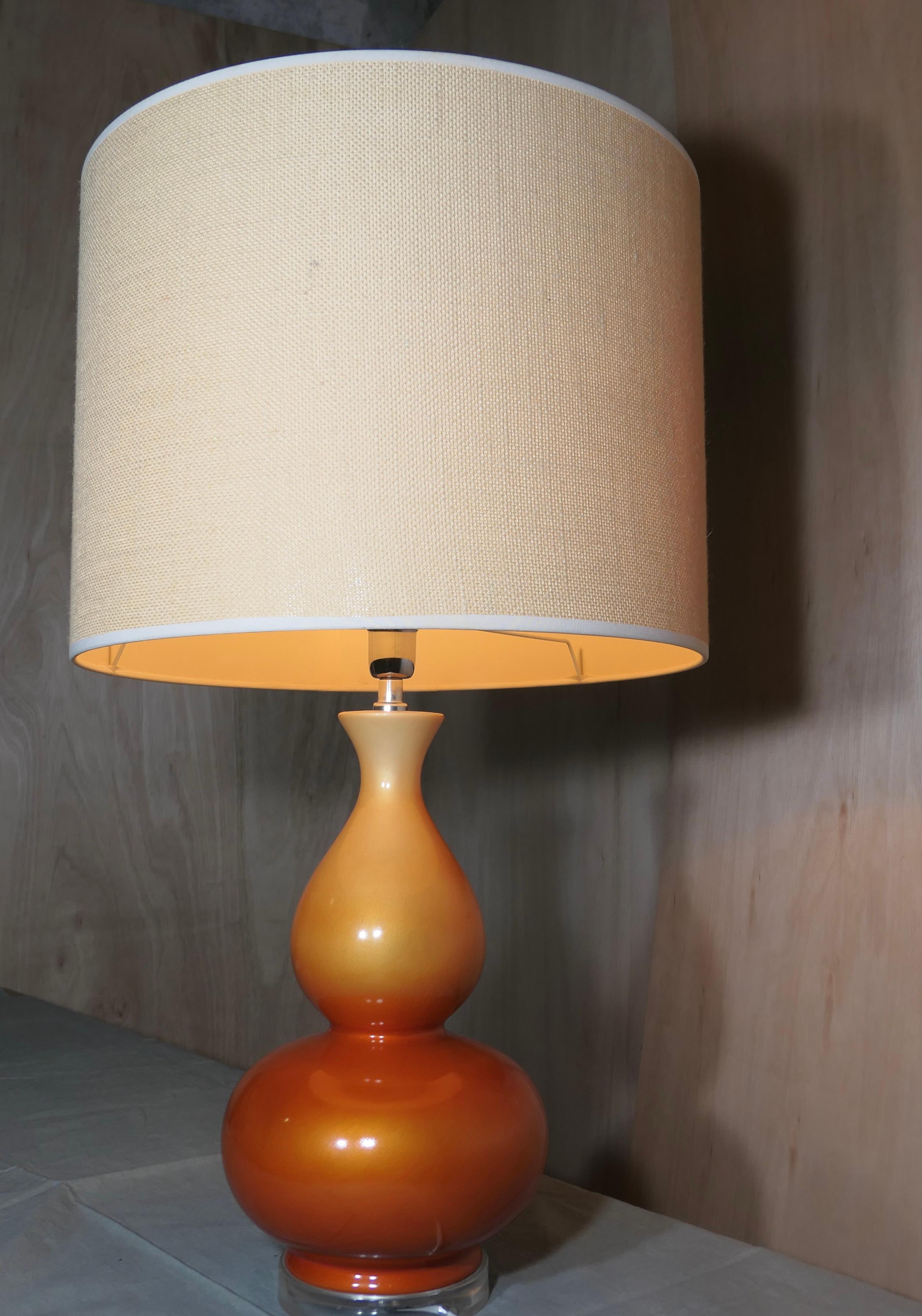 Iridescent Ceramic Table Lamp, Tangerine Dream with Linen Shade For Sale 1