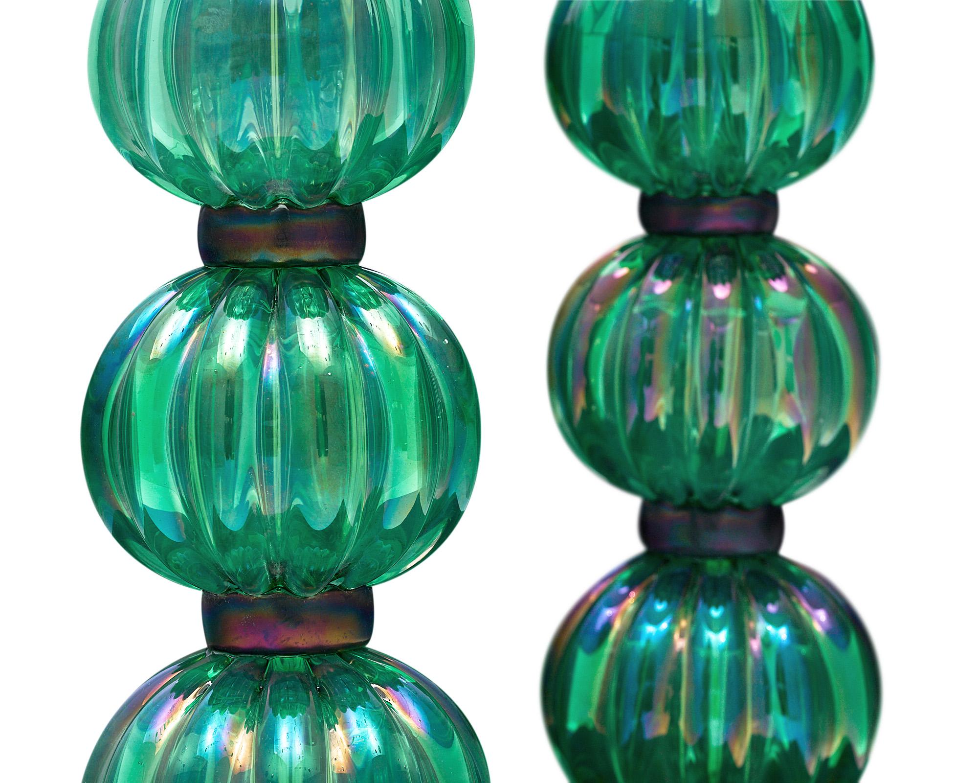 Mid-Century Modern Iridescent Emerald Murano Glass Lamps For Sale