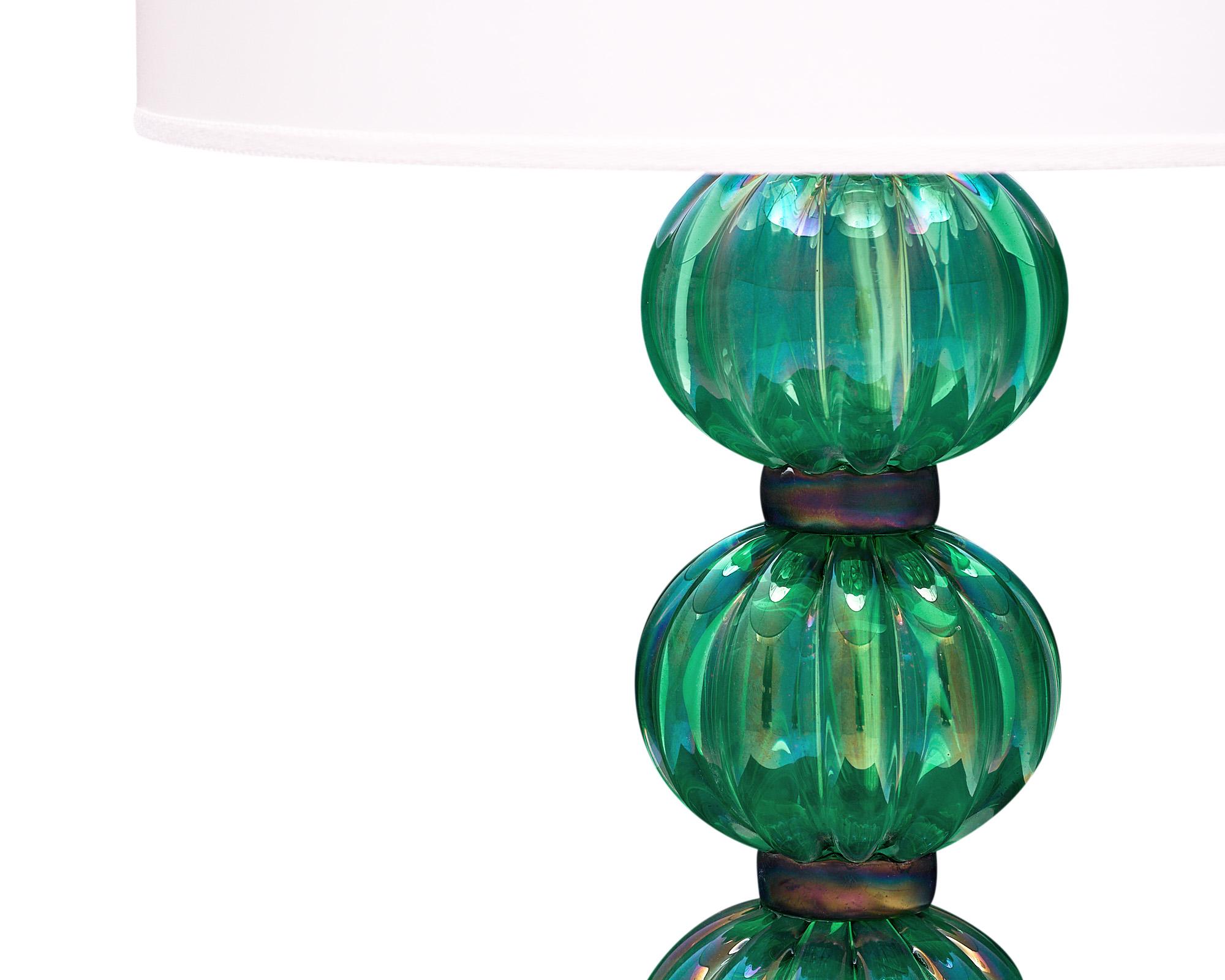 Italian Iridescent Emerald Murano Glass Lamps For Sale