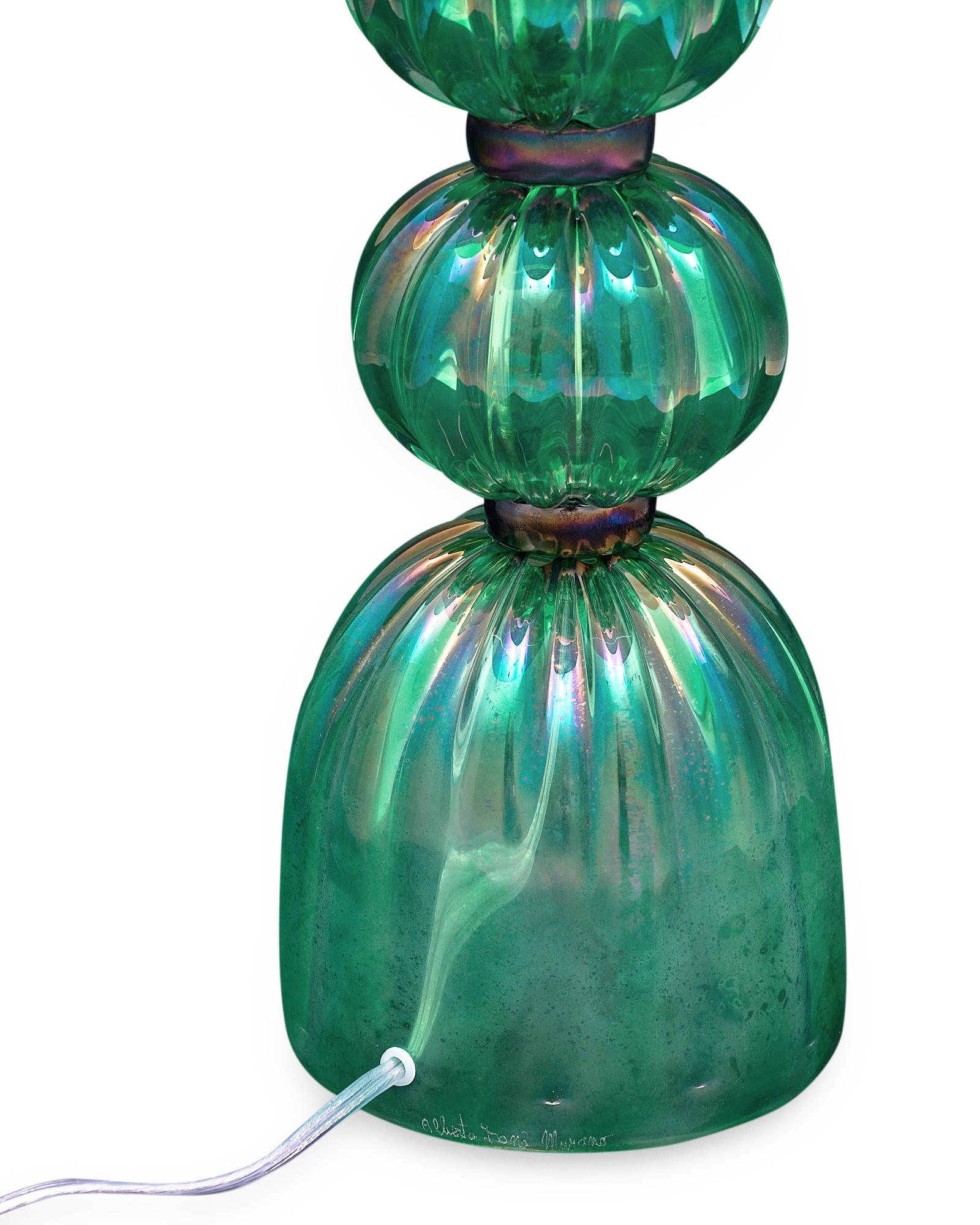 Contemporary Iridescent Emerald Murano Glass Lamps For Sale