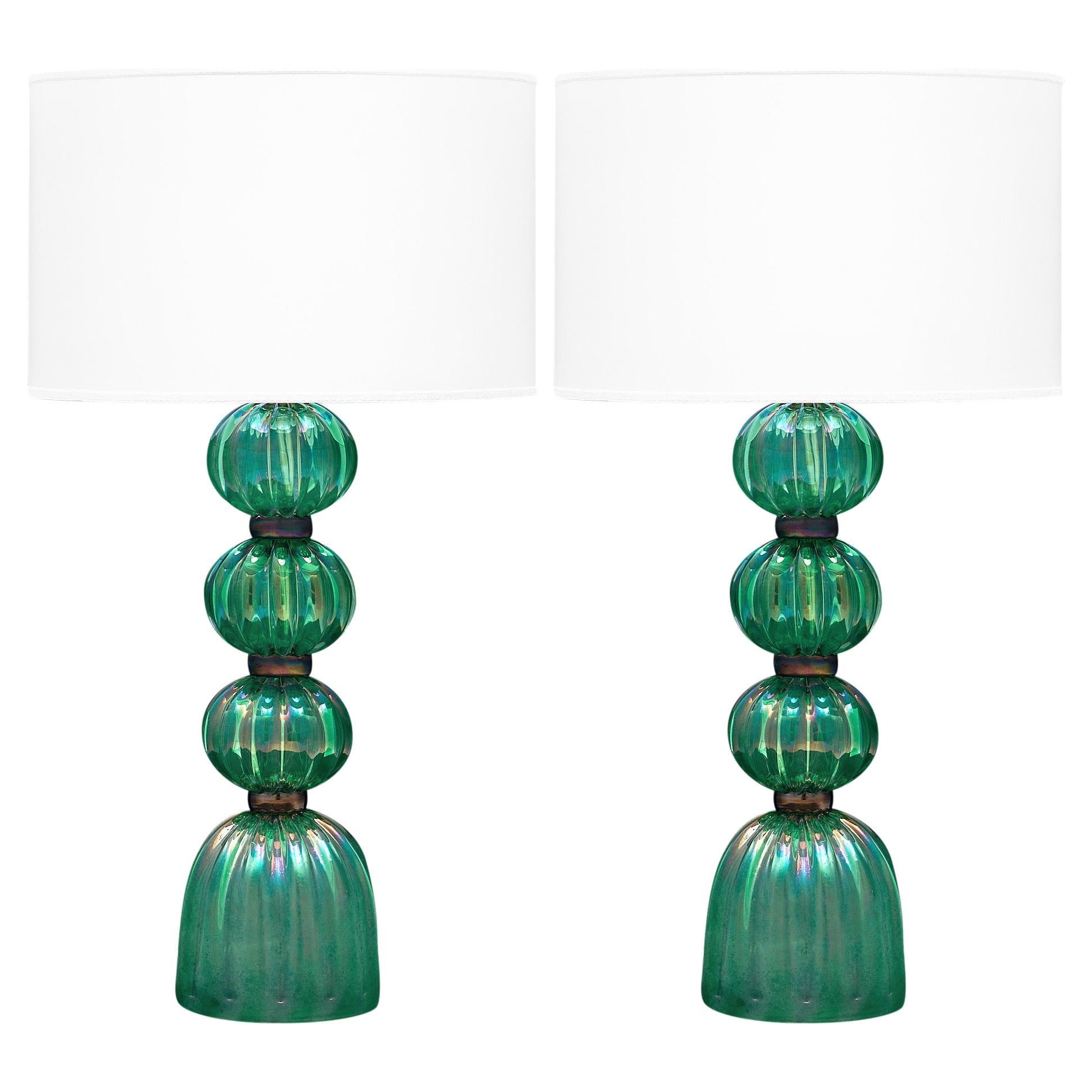 Iridescent Emerald Murano Glass Lamps