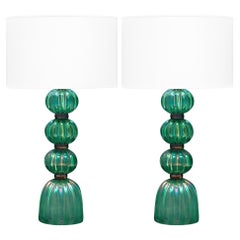 Emerald Iridescent Murano Glass Table Lamps, Mid-Century Modern, Italy