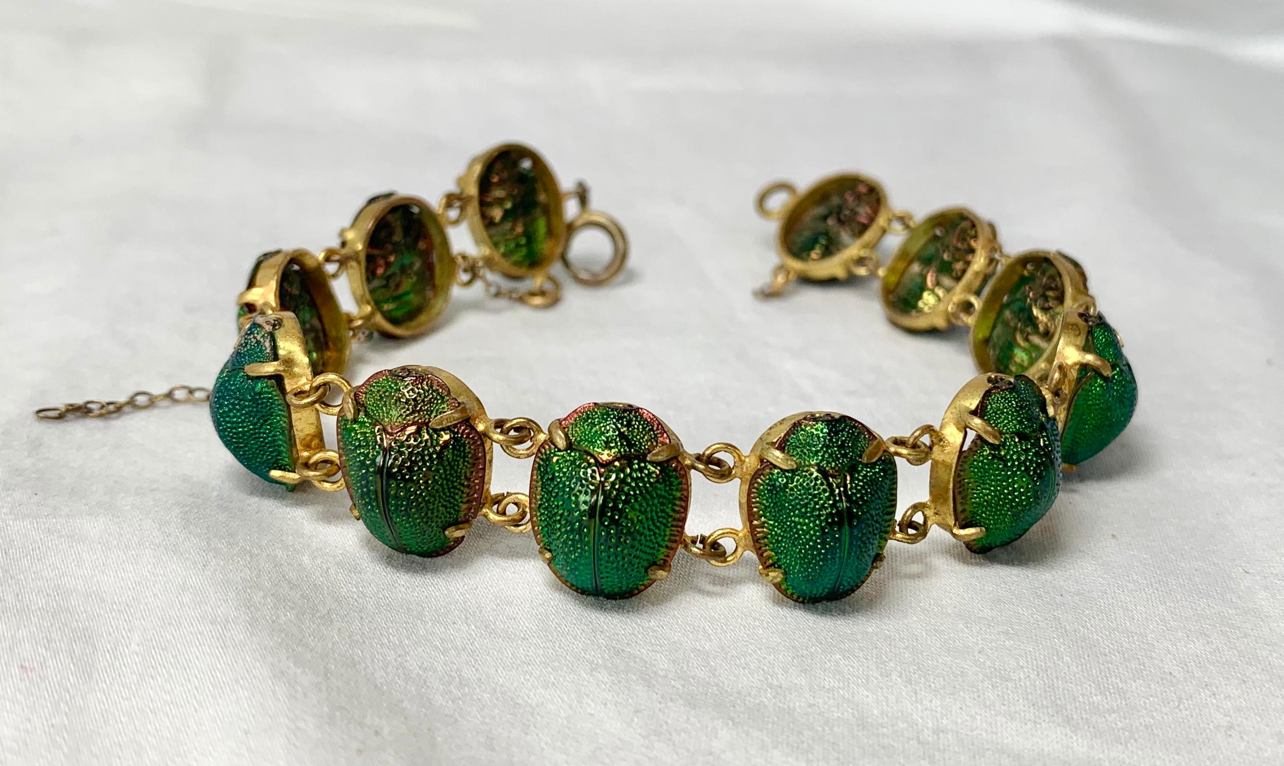 Vintage Gold Tone Scarab Bracelet Mid Century Scarab Beetle Bracelet Semi Precious Egyptian Revival Twisted Link Details