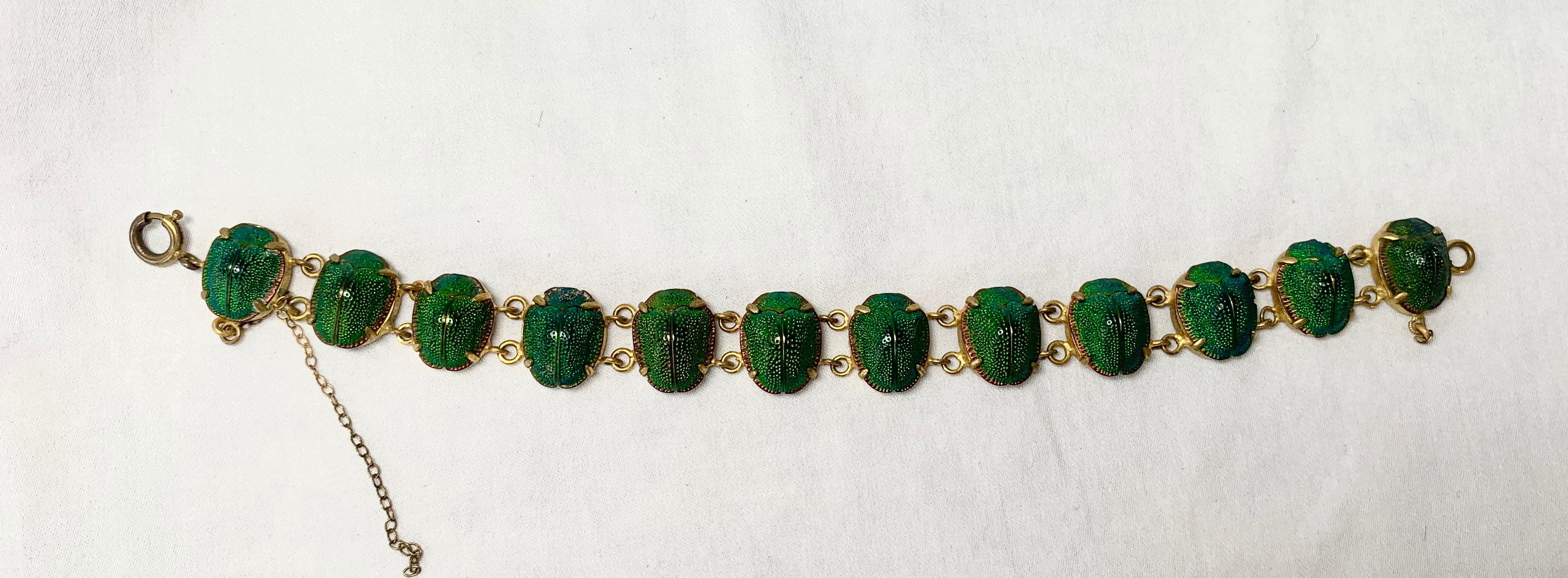 Art Deco Iridescent Enamel Scarab Beetle Bracelet Antique Egyptian Revival For Sale