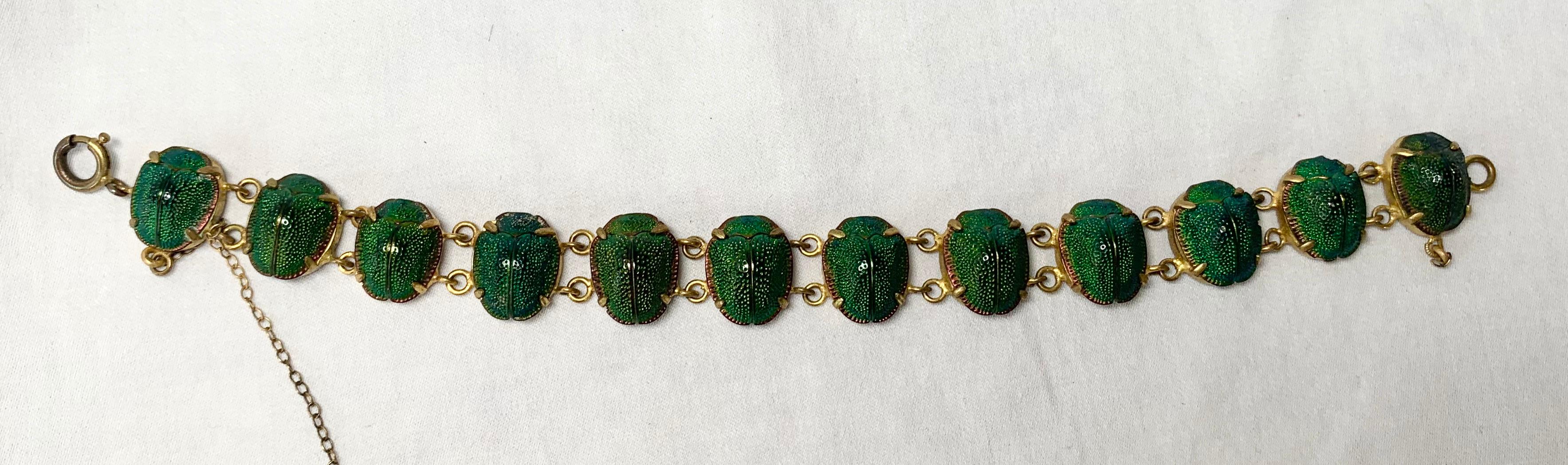 Iridescent Enamel Scarab Beetle Bracelet Antique Egyptian Revival In Good Condition For Sale In New York, NY