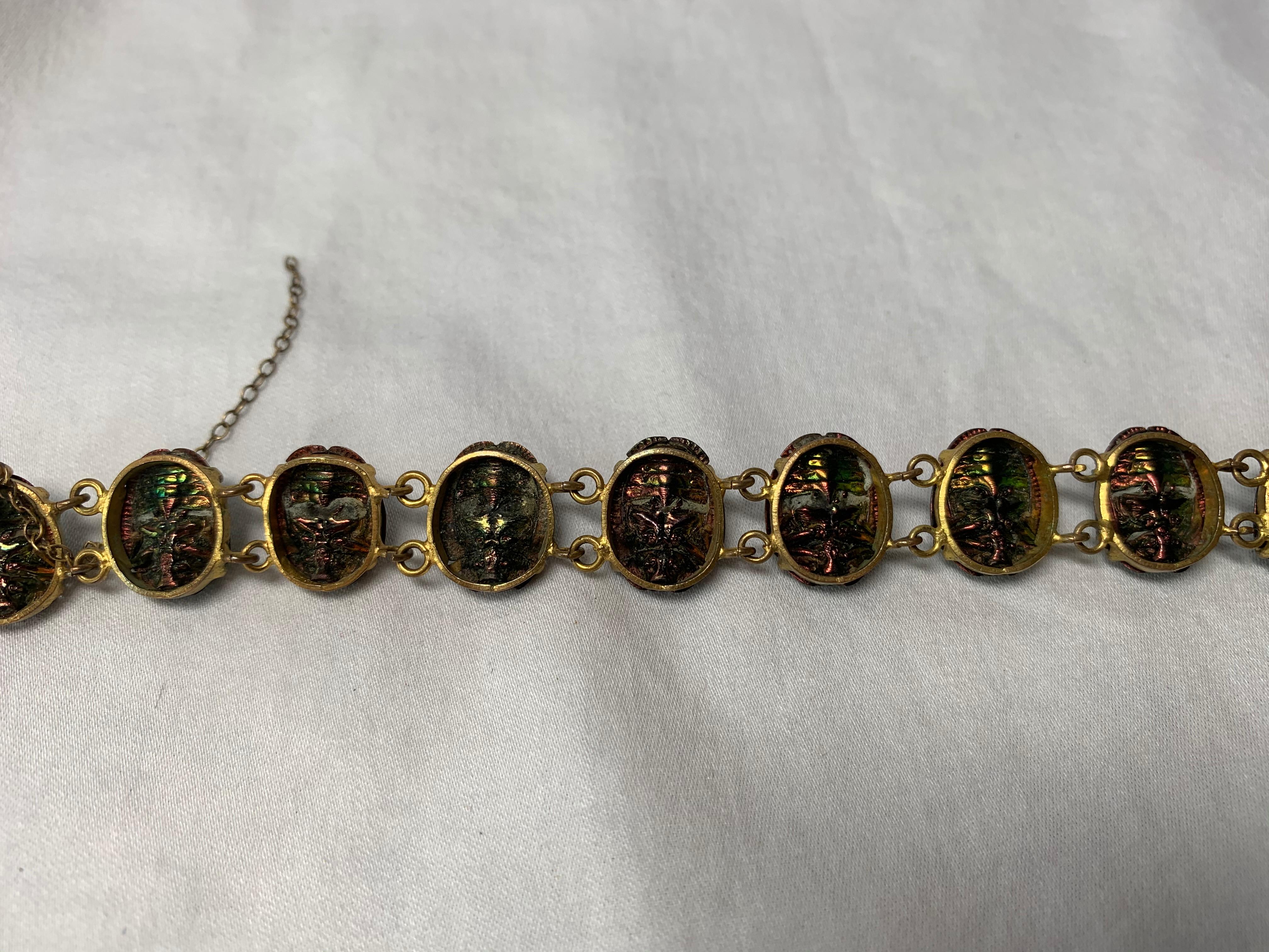 Women's Iridescent Enamel Scarab Beetle Bracelet Antique Egyptian Revival For Sale