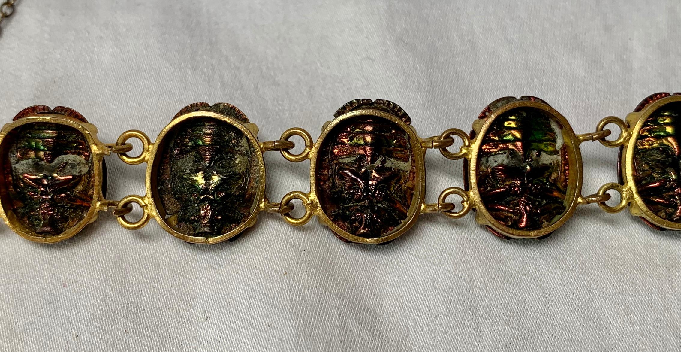 Iridescent Enamel Scarab Beetle Bracelet Antique Egyptian Revival For Sale 1