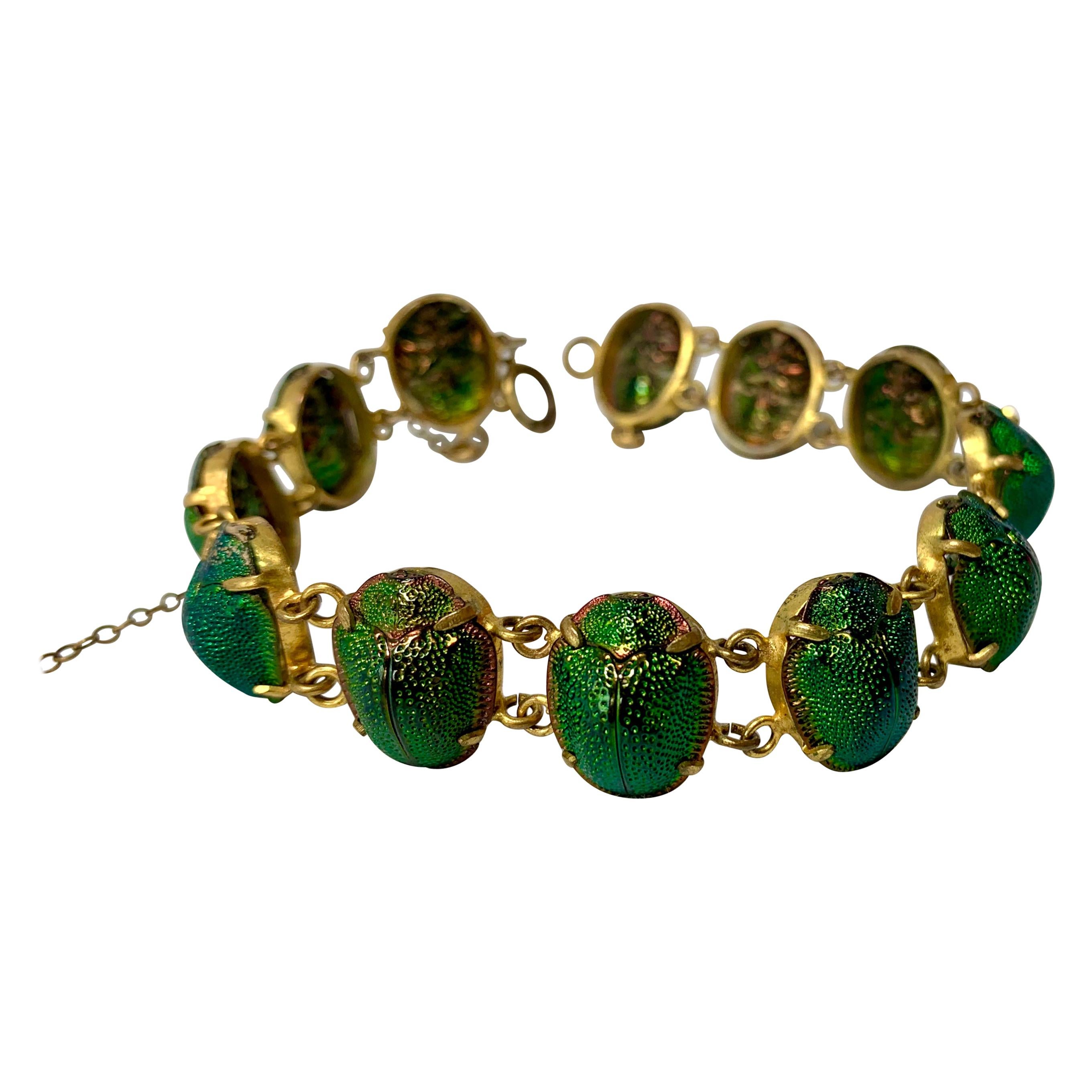 Iridescent Enamel Scarab Beetle Bracelet Antique Egyptian Revival For Sale