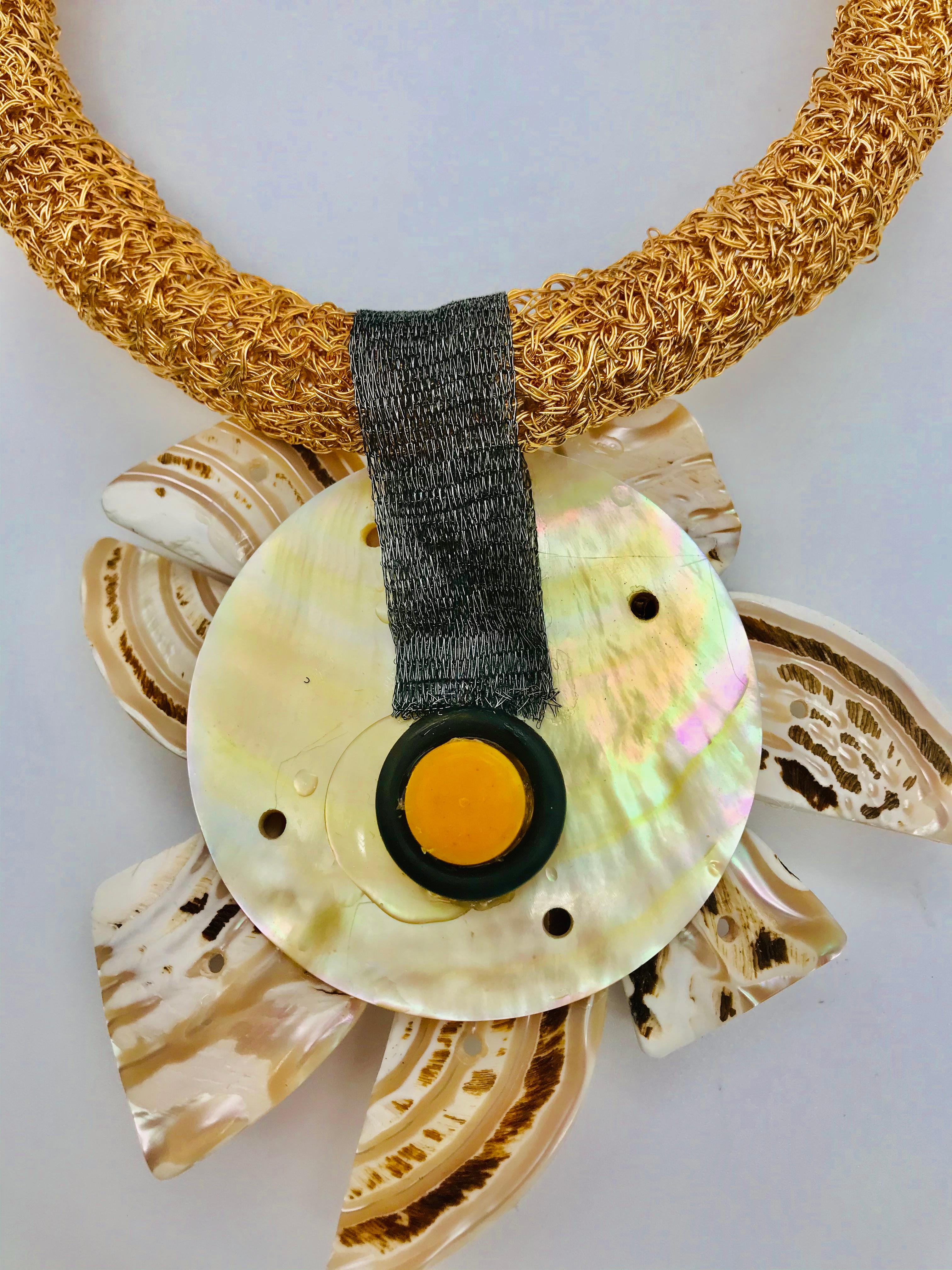 Uncut Iridescent  French Deco Nacre Up-cycled Peach Pendant /Brooch by Sylvia Gottwald For Sale