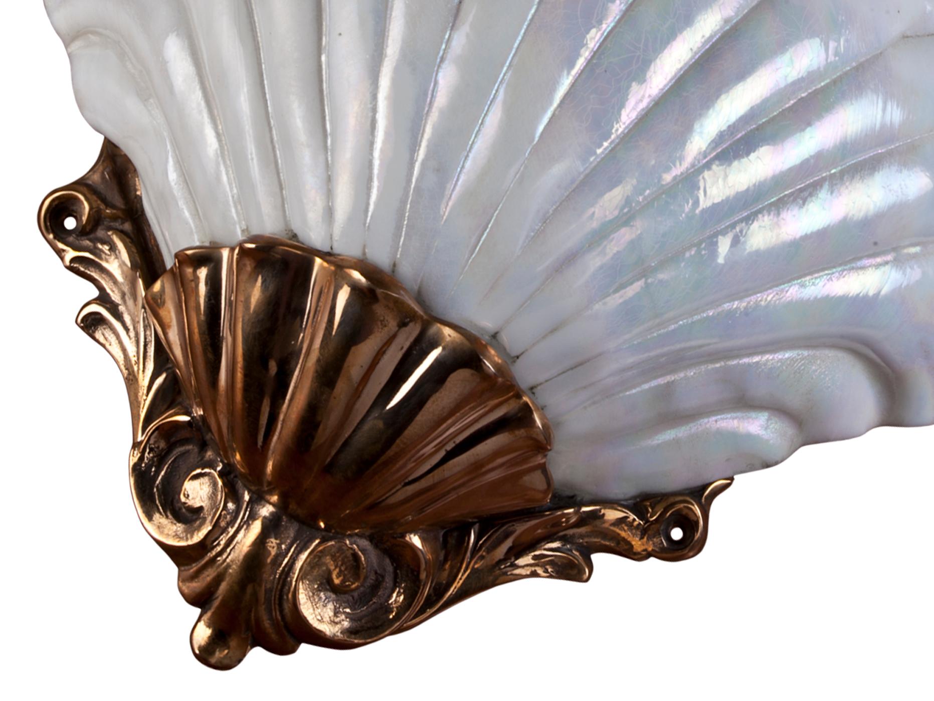 Iridescent Glass & Brass Nautical Shell Sconces from European Cruise Ship, 1981 In Good Condition In Nantucket, MA