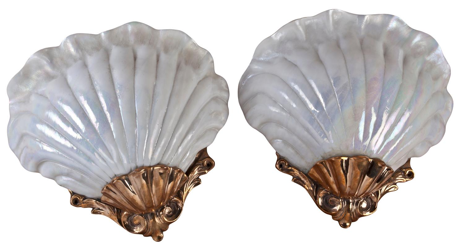 20th Century Iridescent Glass & Brass Nautical Shell Sconces from European Cruise Ship, 1981
