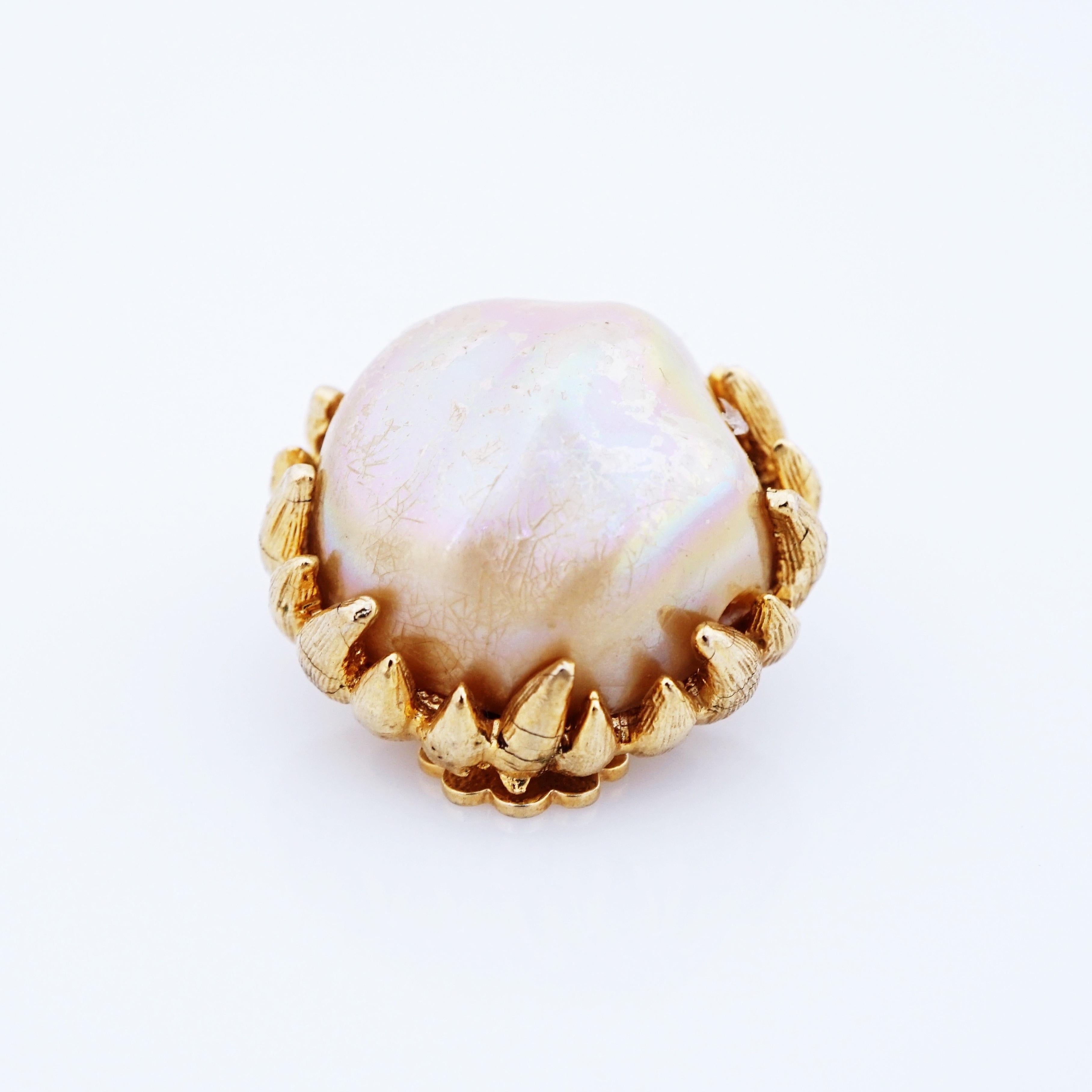 Modern Iridescent Glass Baroque Pearl Earrings With Brutalist Bezel, 1960s