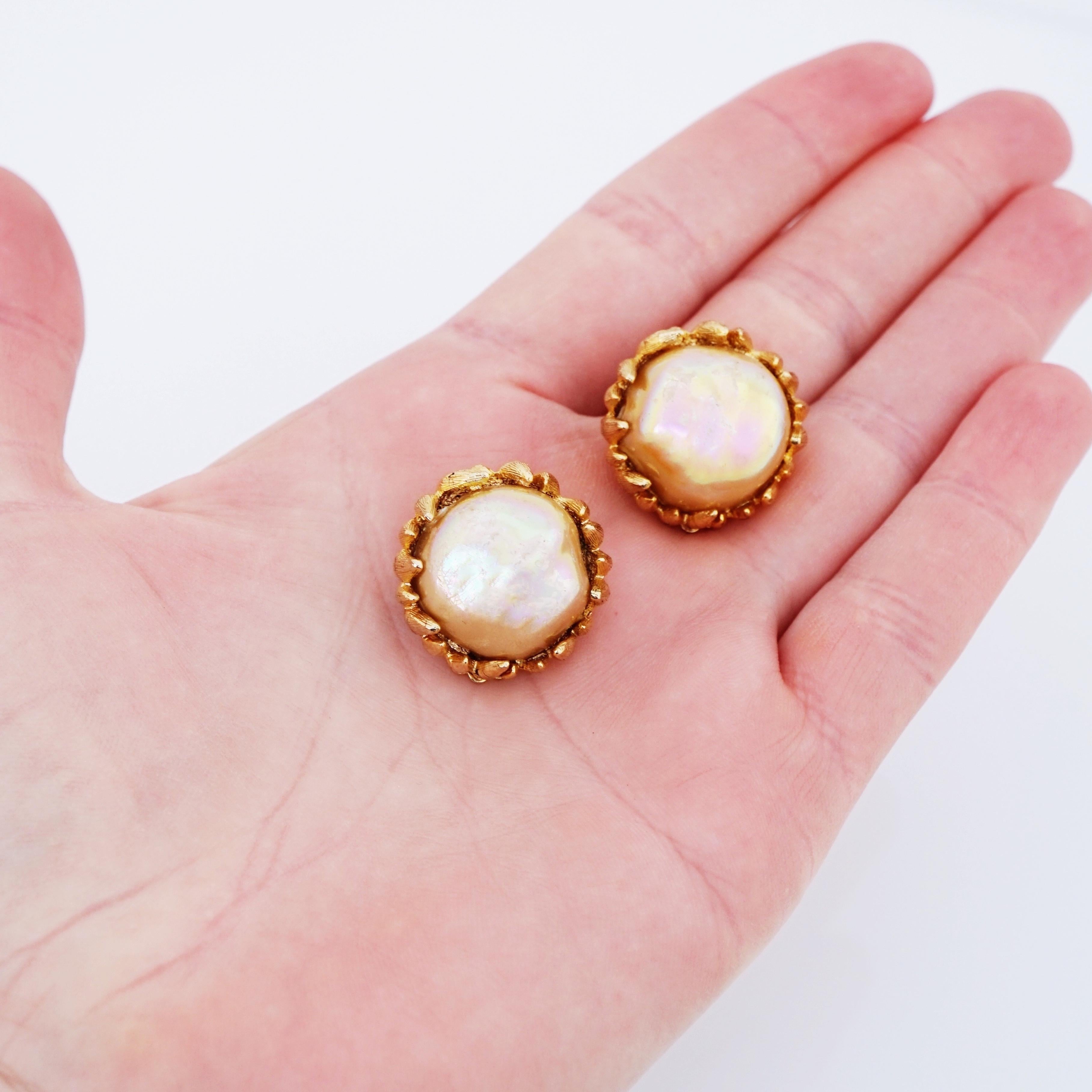 Iridescent Glass Baroque Pearl Earrings With Brutalist Bezel, 1960s 1