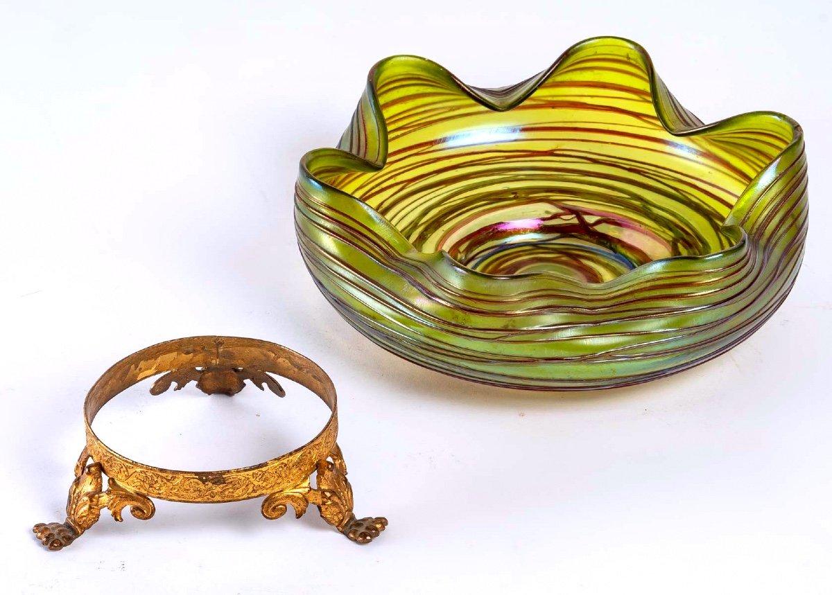 Art Nouveau Iridescent Glass Coupe with Tripod Base Threads, Attributed to the Loetz For Sale