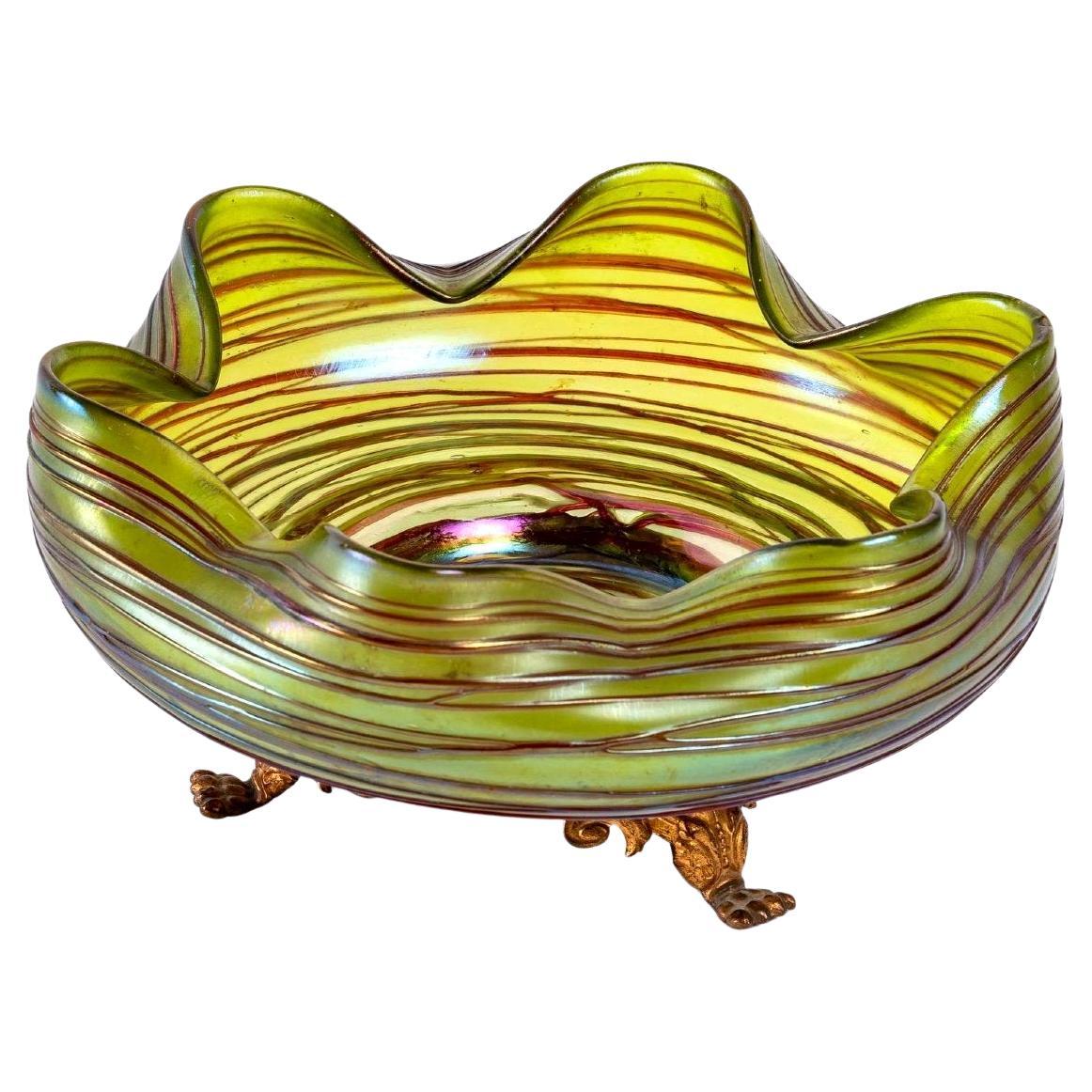 Iridescent Glass Coupe with Tripod Base Threads, Attributed to the Loetz For Sale