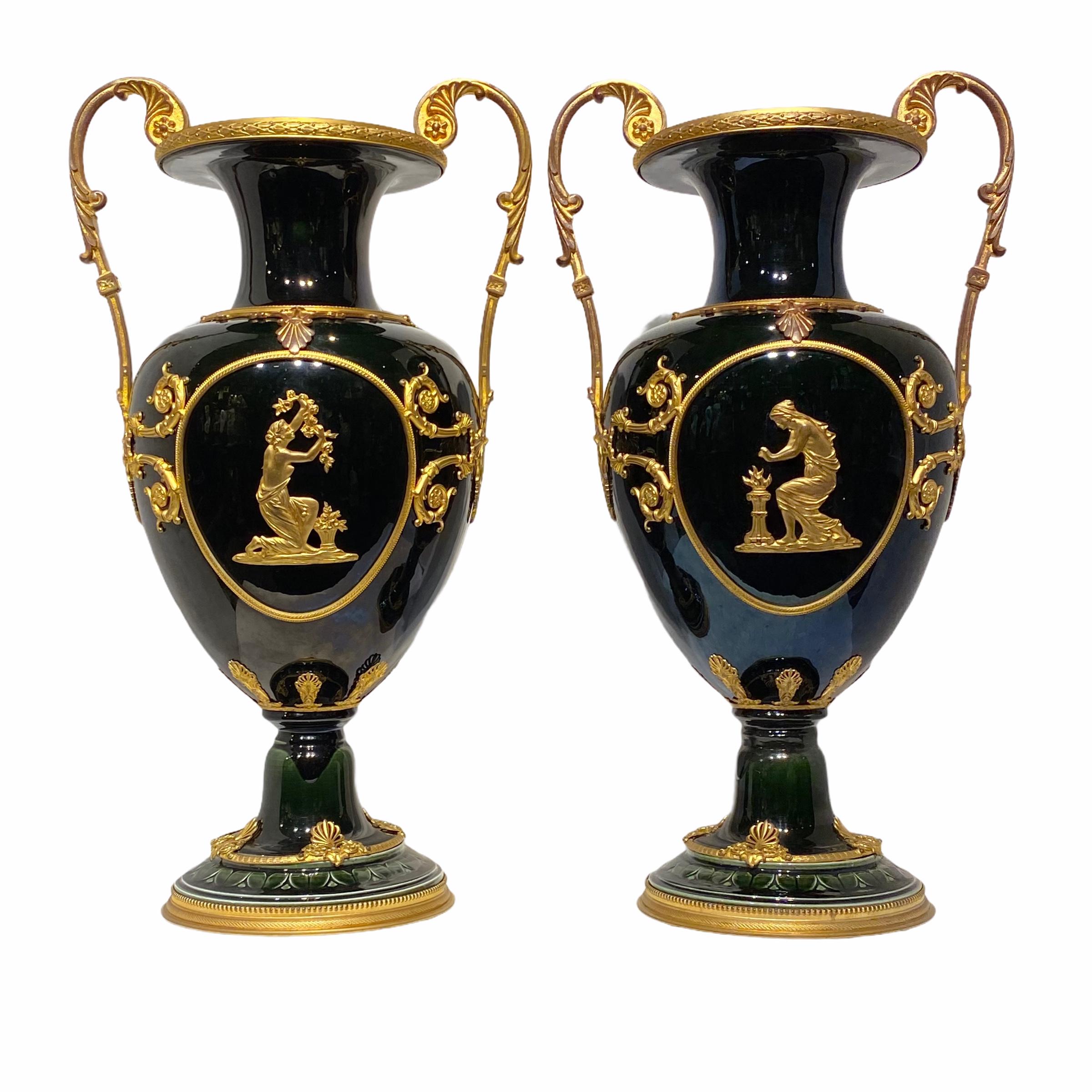 Very unusual and fine quality 19th century French Iridescent Glazed Faience vases with neoclassical gilt bronze mounts.