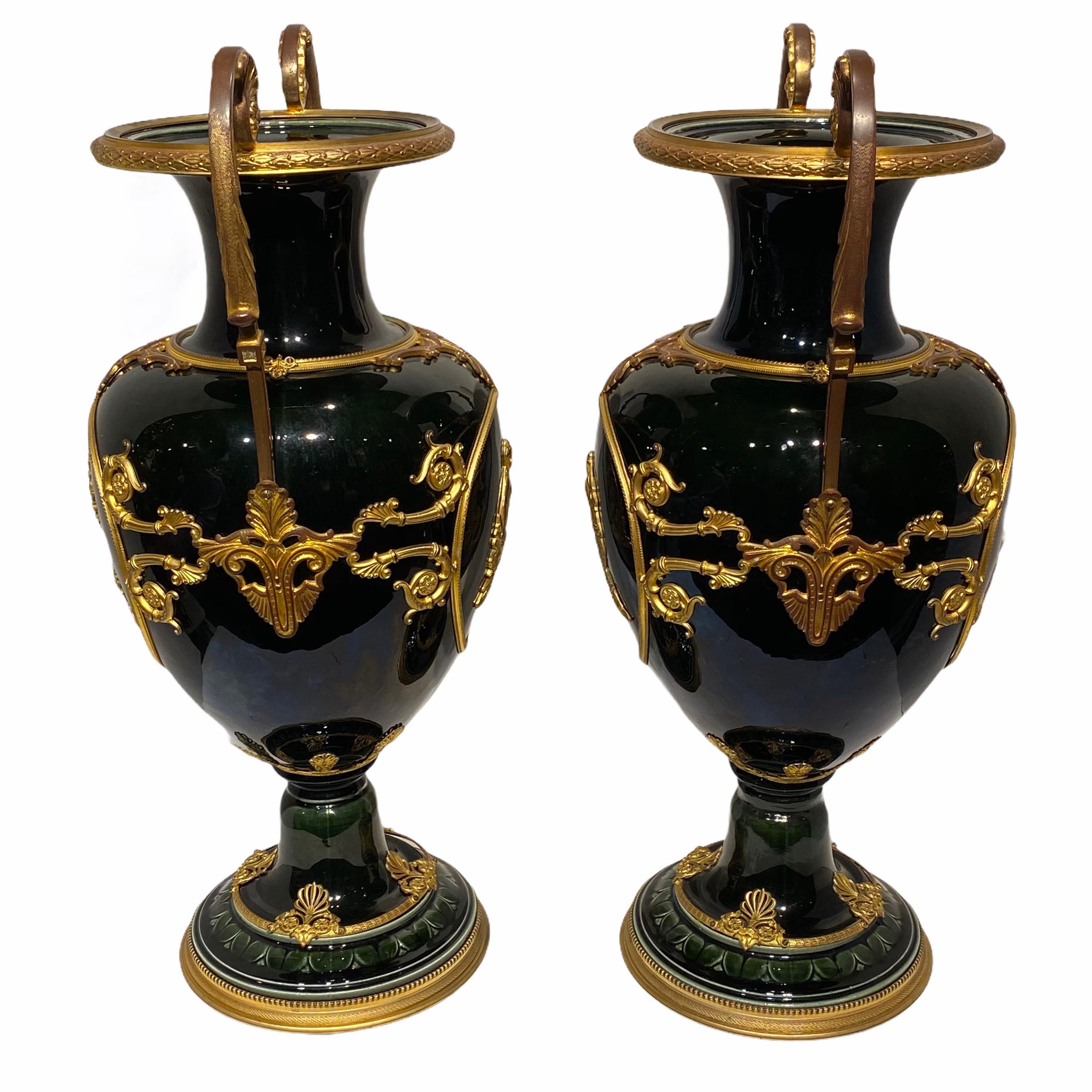 French Iridescent Glazed Faience Vases with Neoclassical Gilt Bronze Mounts For Sale
