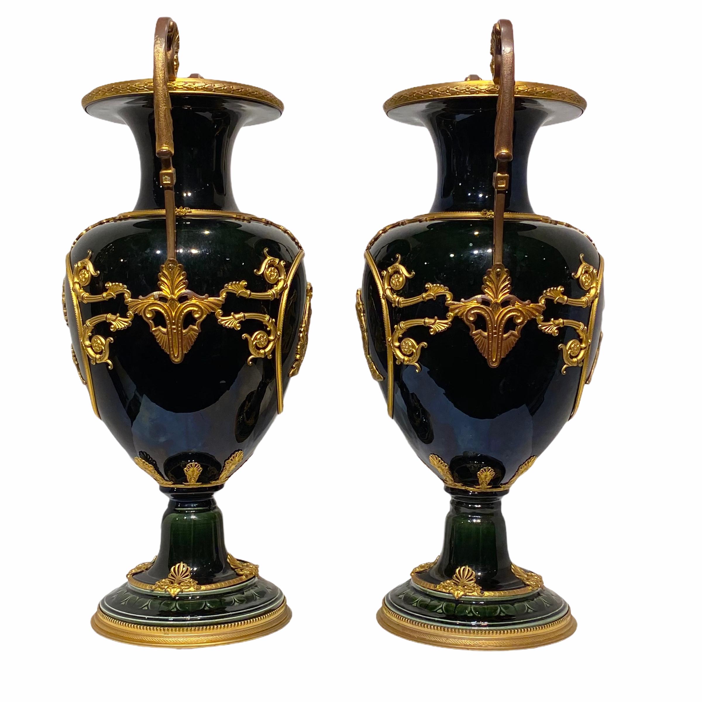 Iridescent Glazed Faience Vases with Neoclassical Gilt Bronze Mounts In Good Condition For Sale In New York, NY