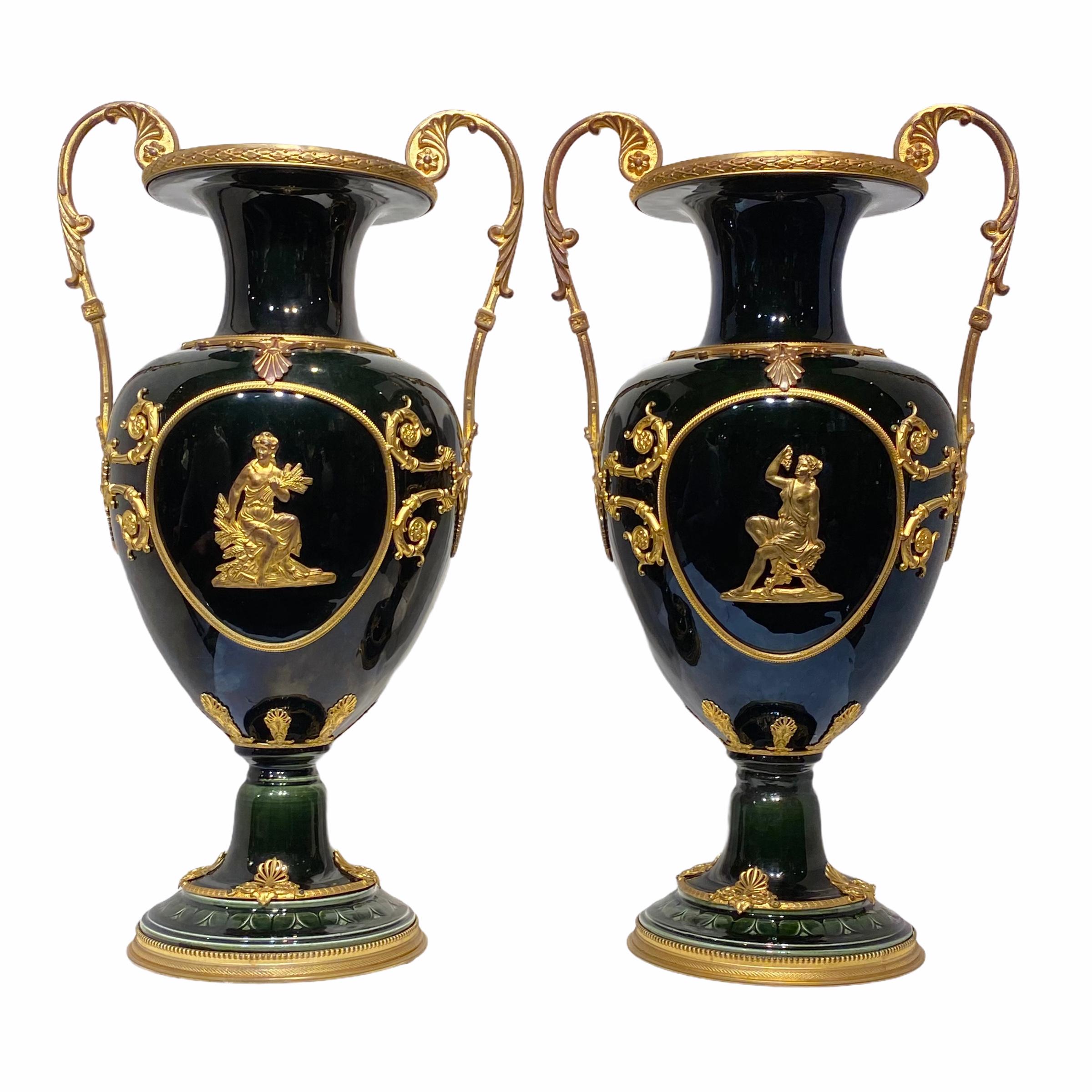 19th Century Iridescent Glazed Faience Vases with Neoclassical Gilt Bronze Mounts For Sale