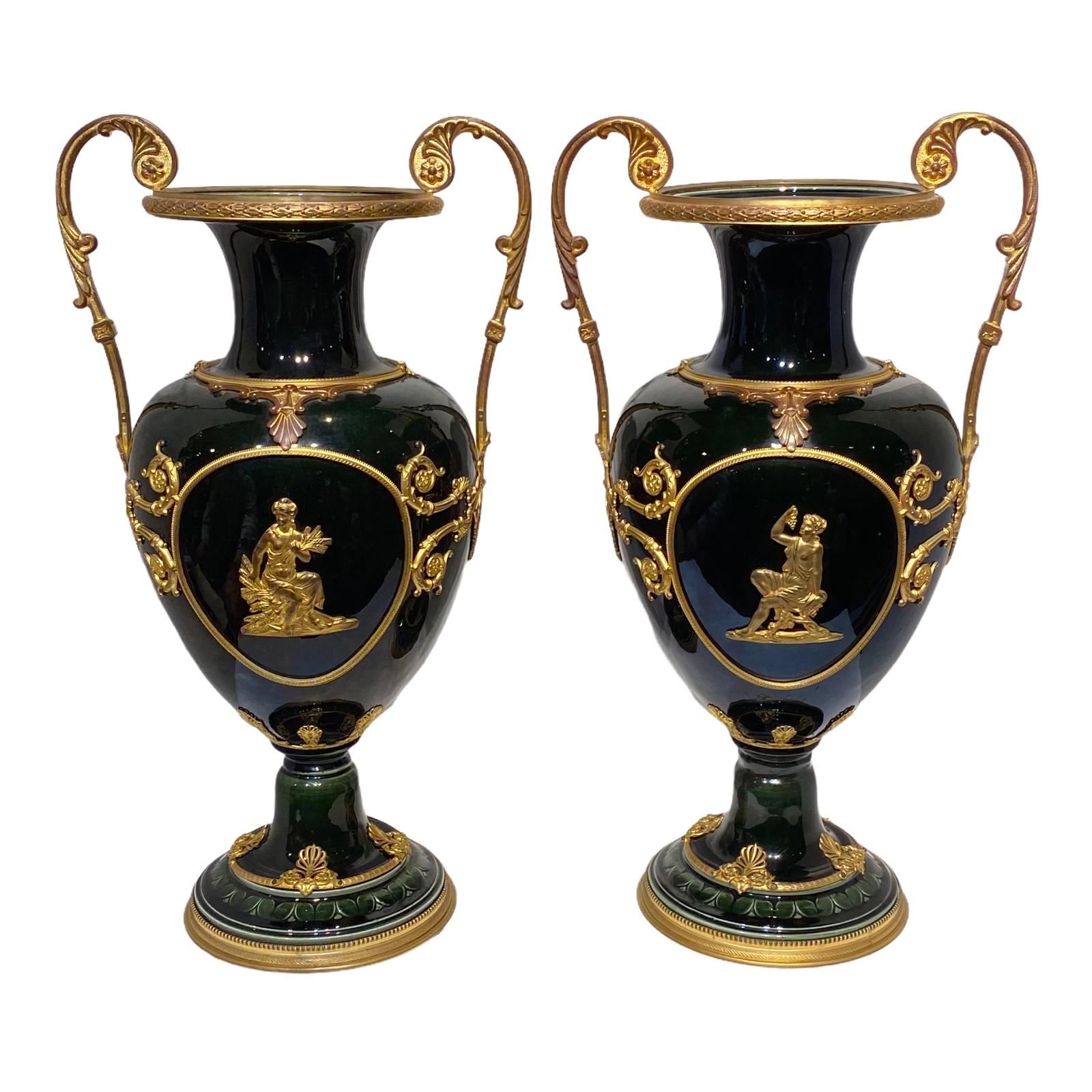 Ceramic Iridescent Glazed Faience Vases with Neoclassical Gilt Bronze Mounts For Sale