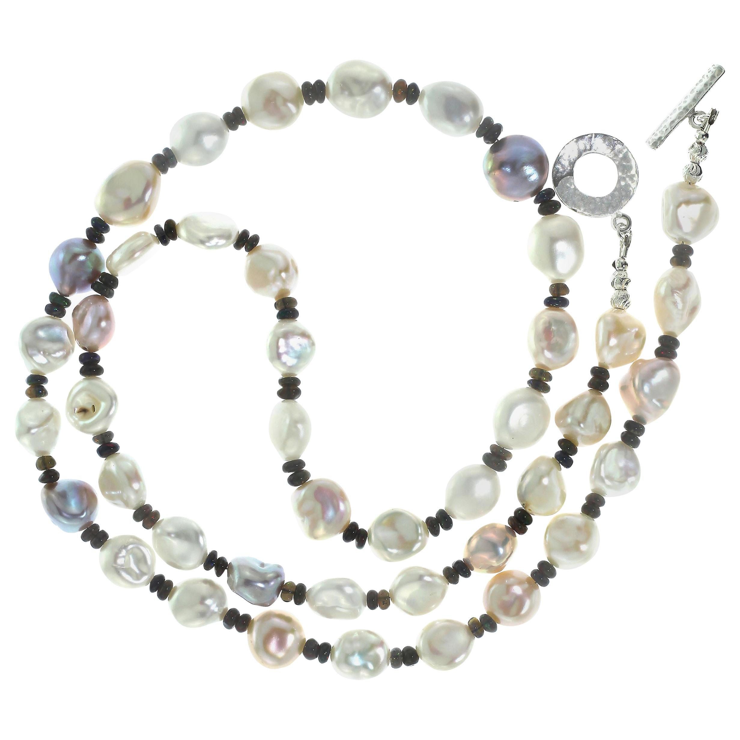 Artisan Glowing, Freshwater Pearl Necklace with Black Opal Accents