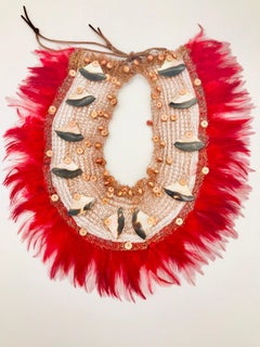 Iridescent Gold/brown Nacre , Red feathers , Statement necklace by Sylvia Gottwald