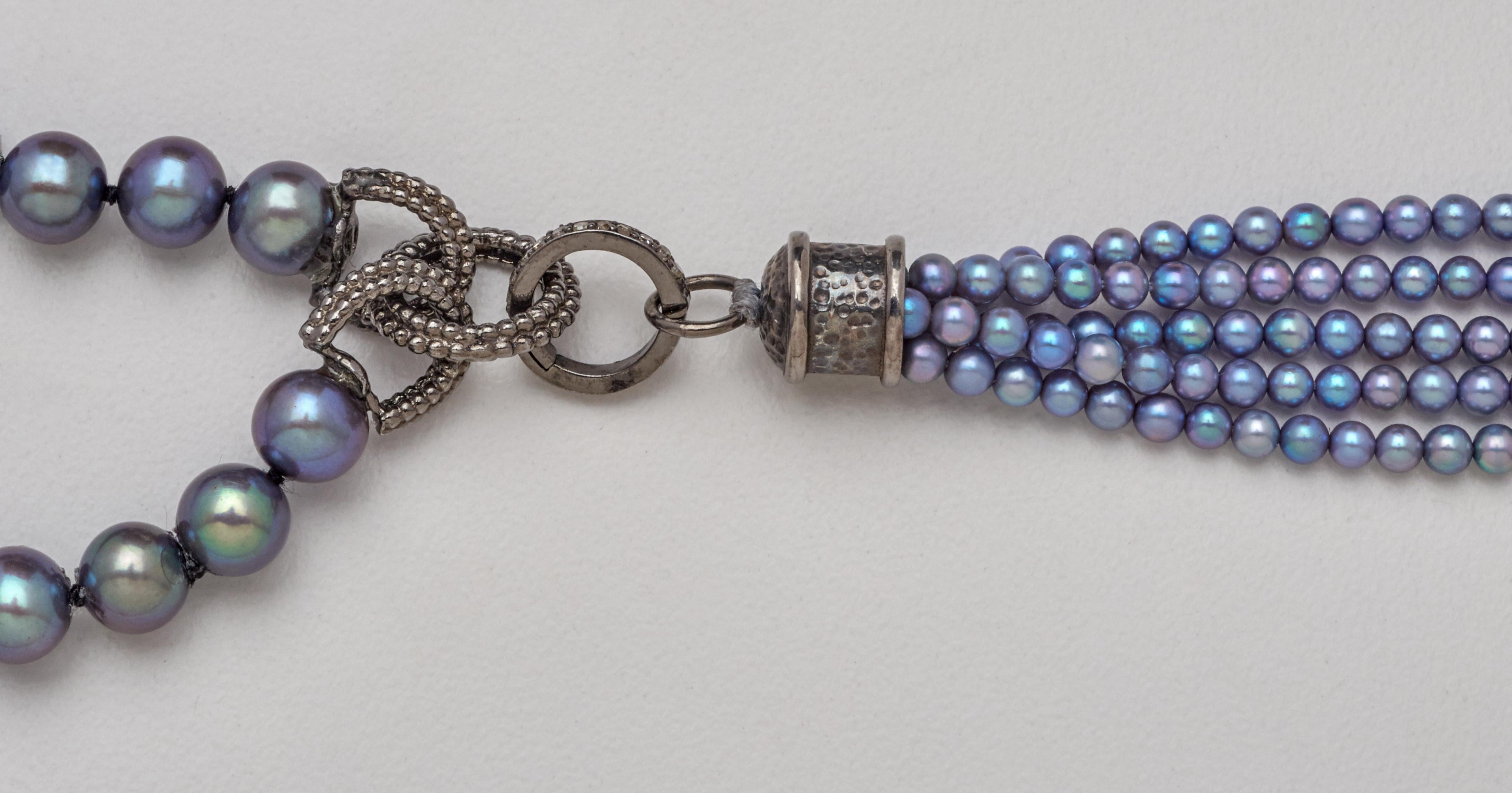 Artisan Gray Akoya Pearl Necklace w Silver Link Chain Tassel Pendant Enhancer 