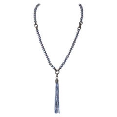 Gray Akoya Pearl Necklace w Silver Link Chain Tassel Pendant Enhancer 