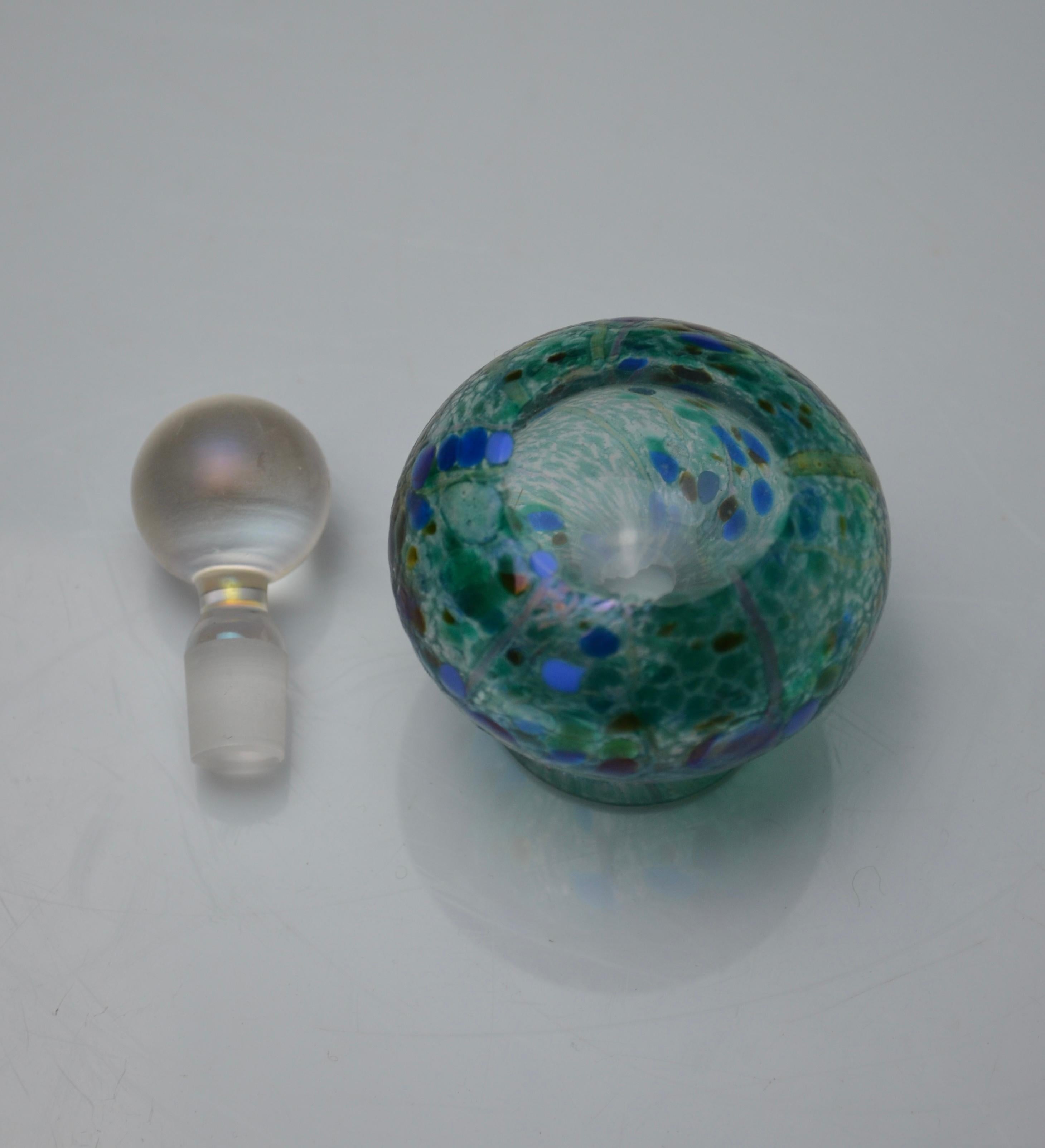 Romantic Iridescent Green and Blue Glass Perfume Bottle by Isle of Wight Studio, England For Sale
