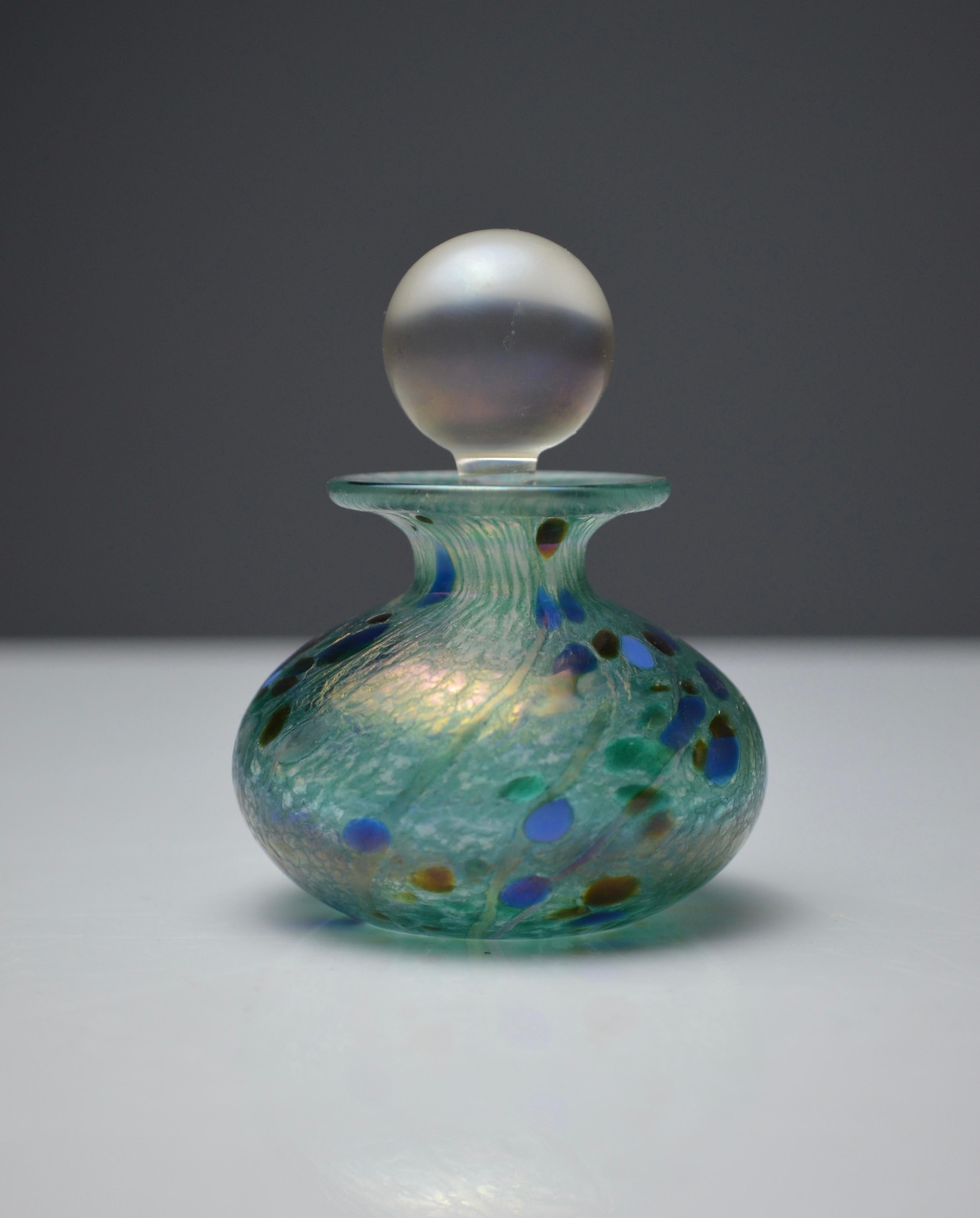 English Iridescent Green and Blue Glass Perfume Bottle by Isle of Wight Studio, England For Sale