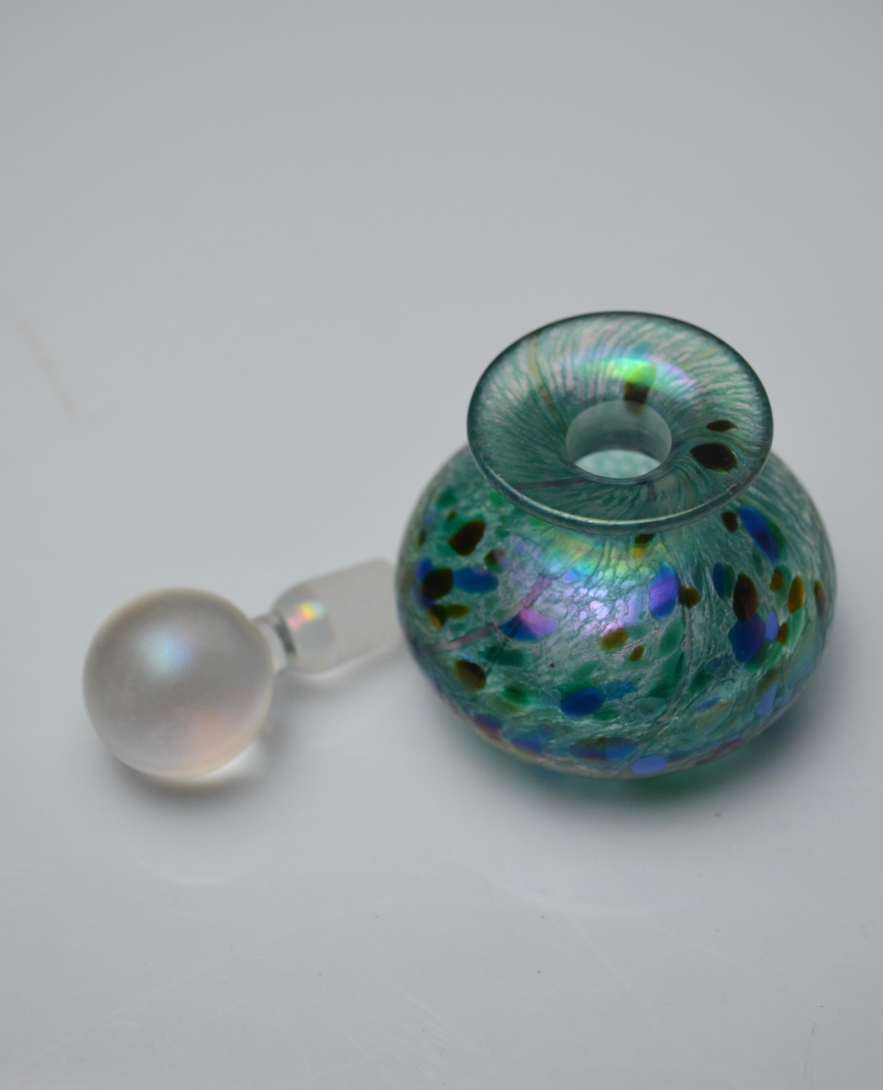 Late 20th Century Iridescent Green and Blue Glass Perfume Bottle by Isle of Wight Studio, England For Sale