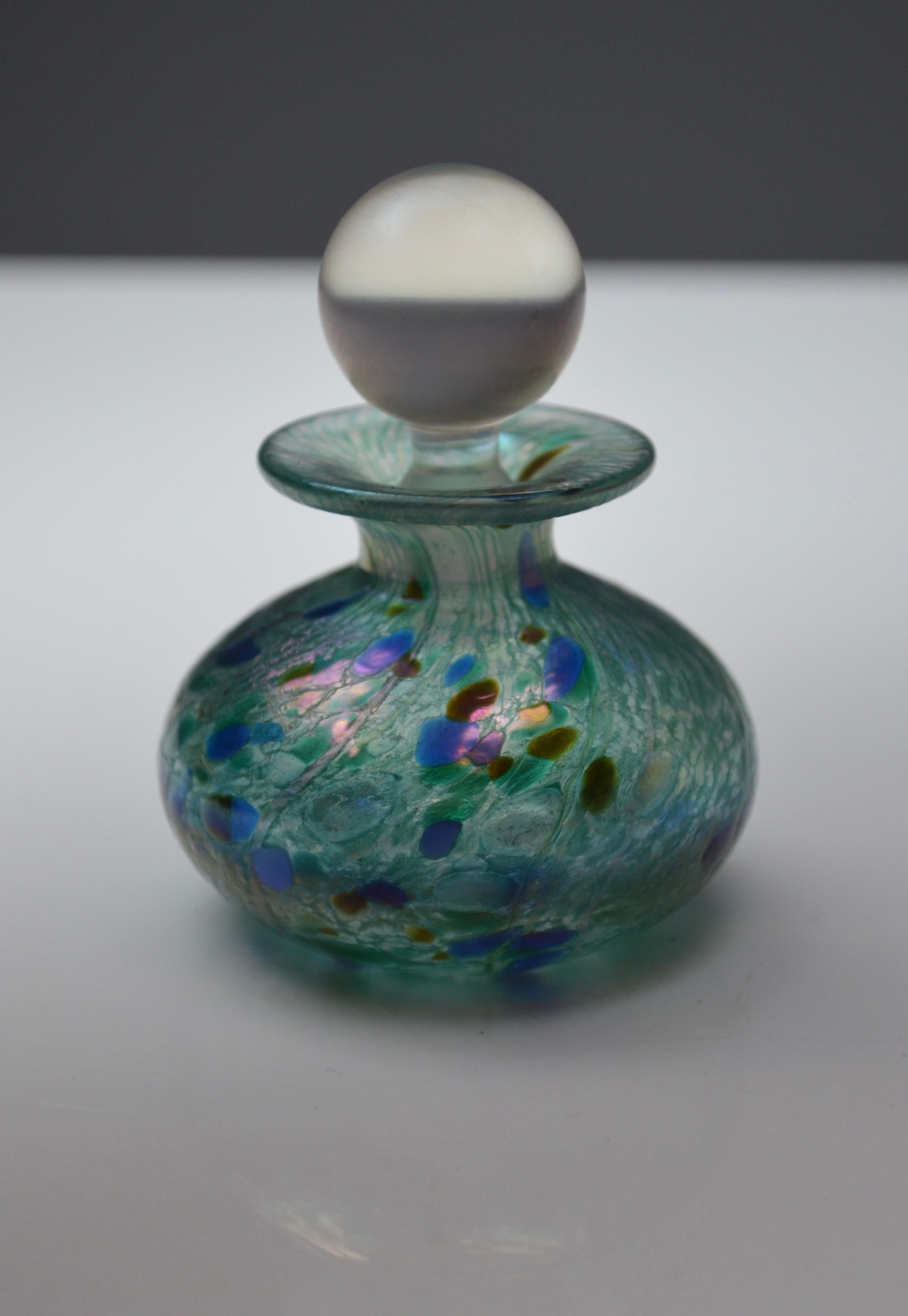 Blown Glass Iridescent Green and Blue Glass Perfume Bottle by Isle of Wight Studio, England For Sale