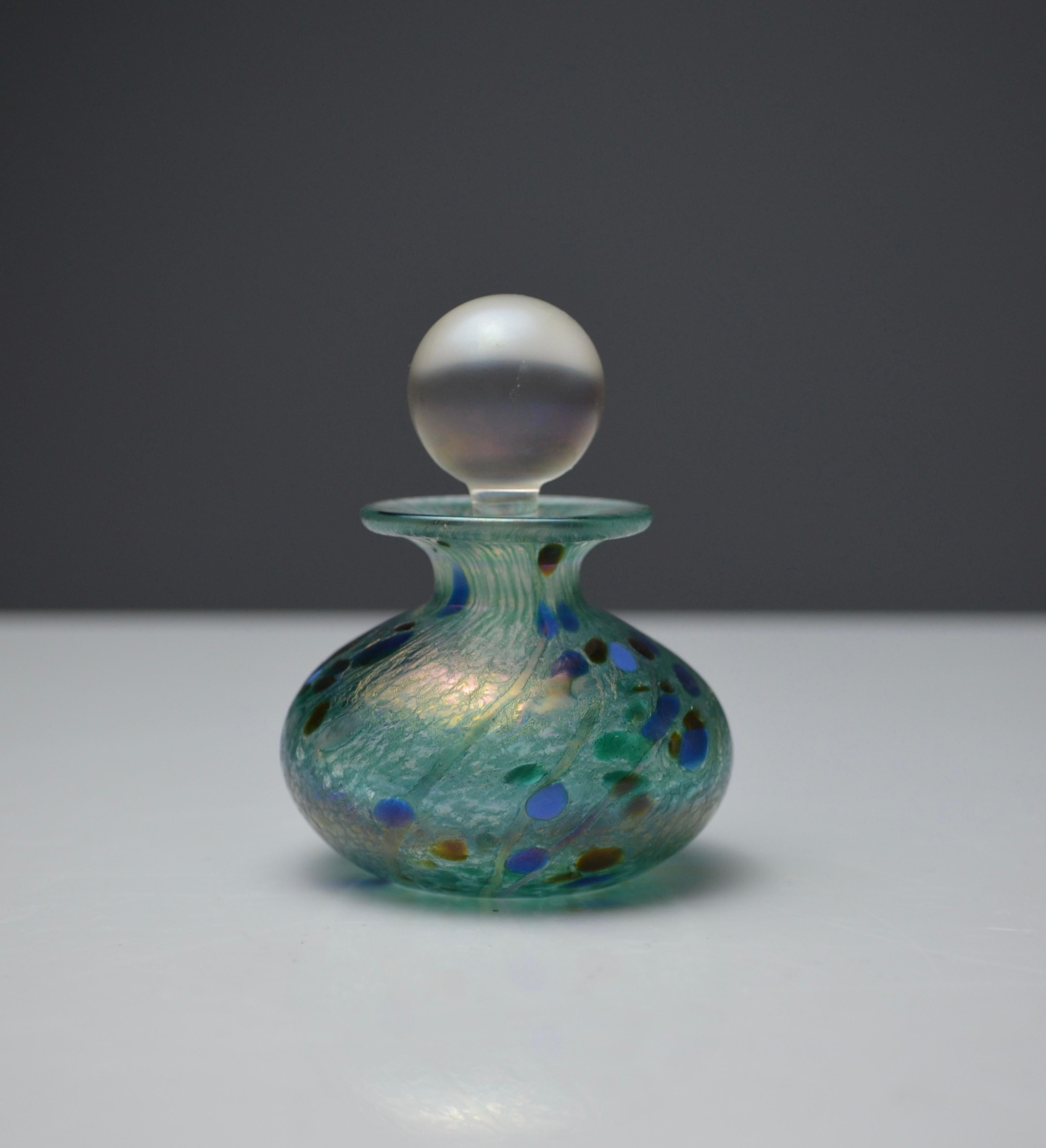 Iridescent Green and Blue Glass Perfume Bottle by Isle of Wight Studio, England For Sale 1