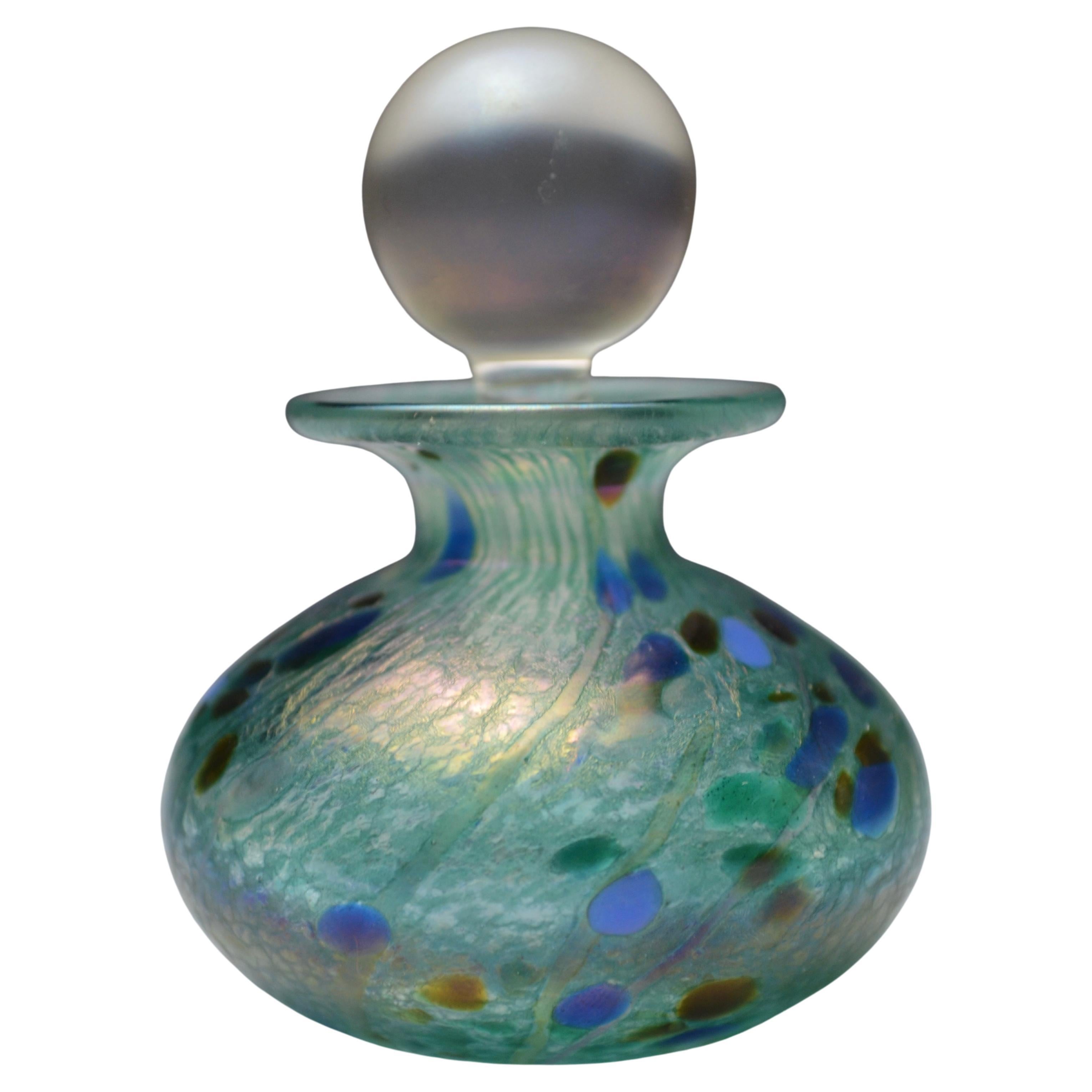 Iridescent Green and Blue Glass Perfume Bottle by Isle of Wight Studio, England For Sale