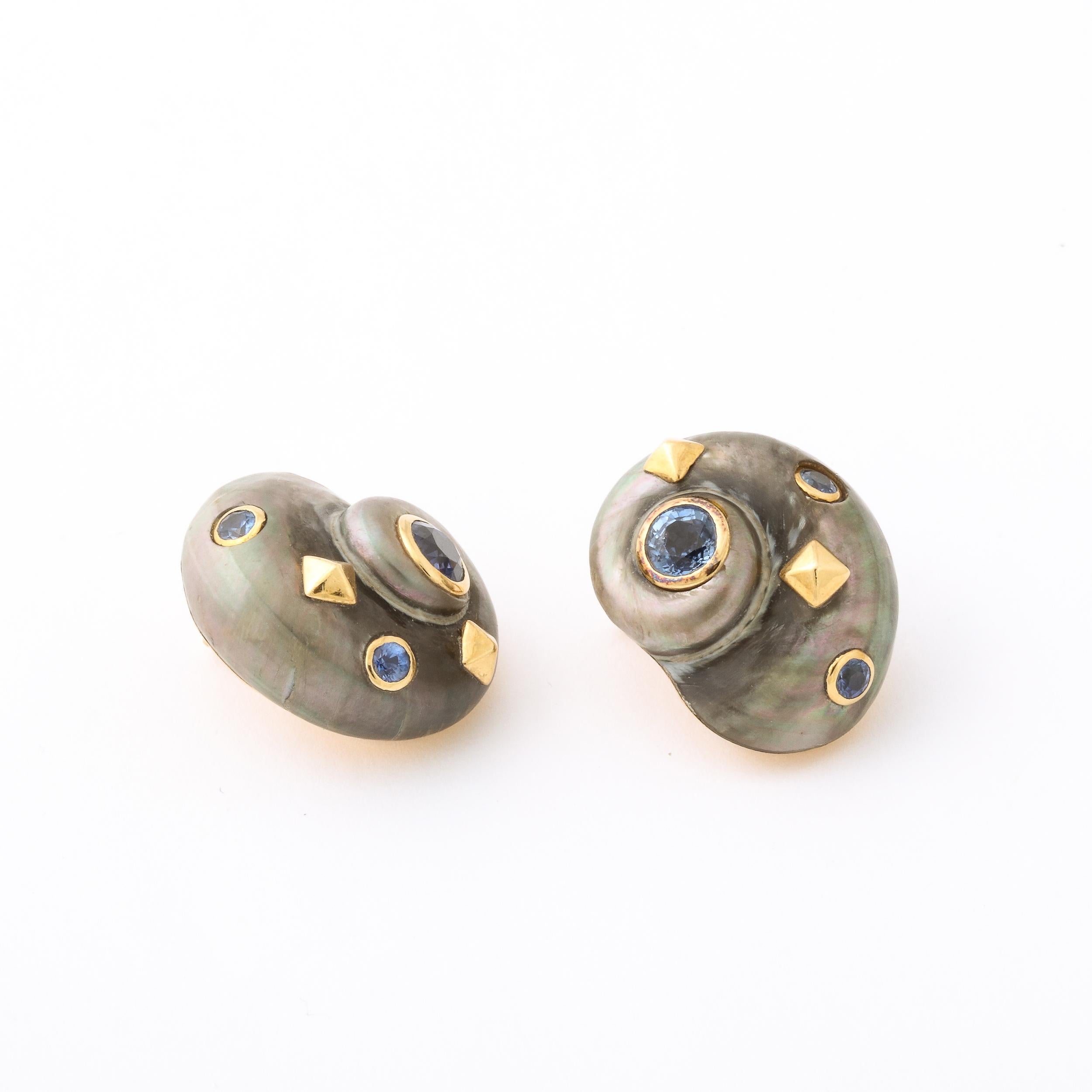 Iridescent Grey Shell Earrings Set in 18k Gold & Inlaid Blue Topaz by Trianon 4