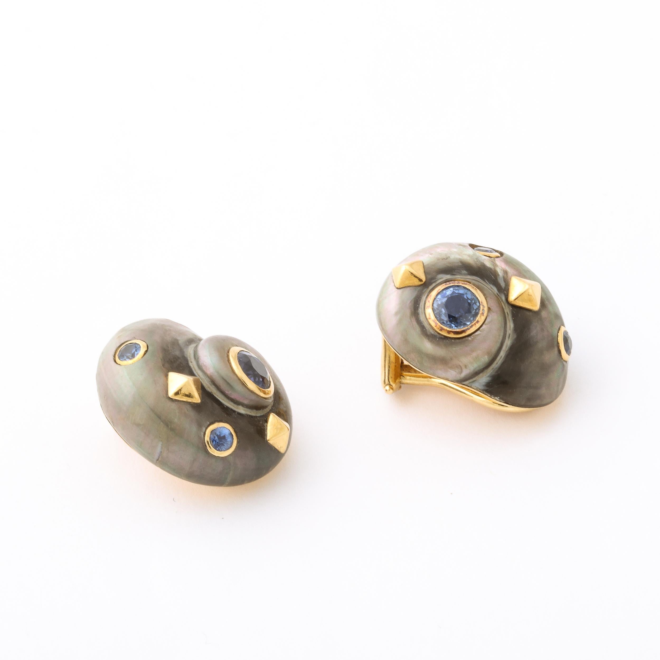 Iridescent Grey Shell Earrings Set in 18k Gold & Inlaid Blue Topaz by Trianon 5