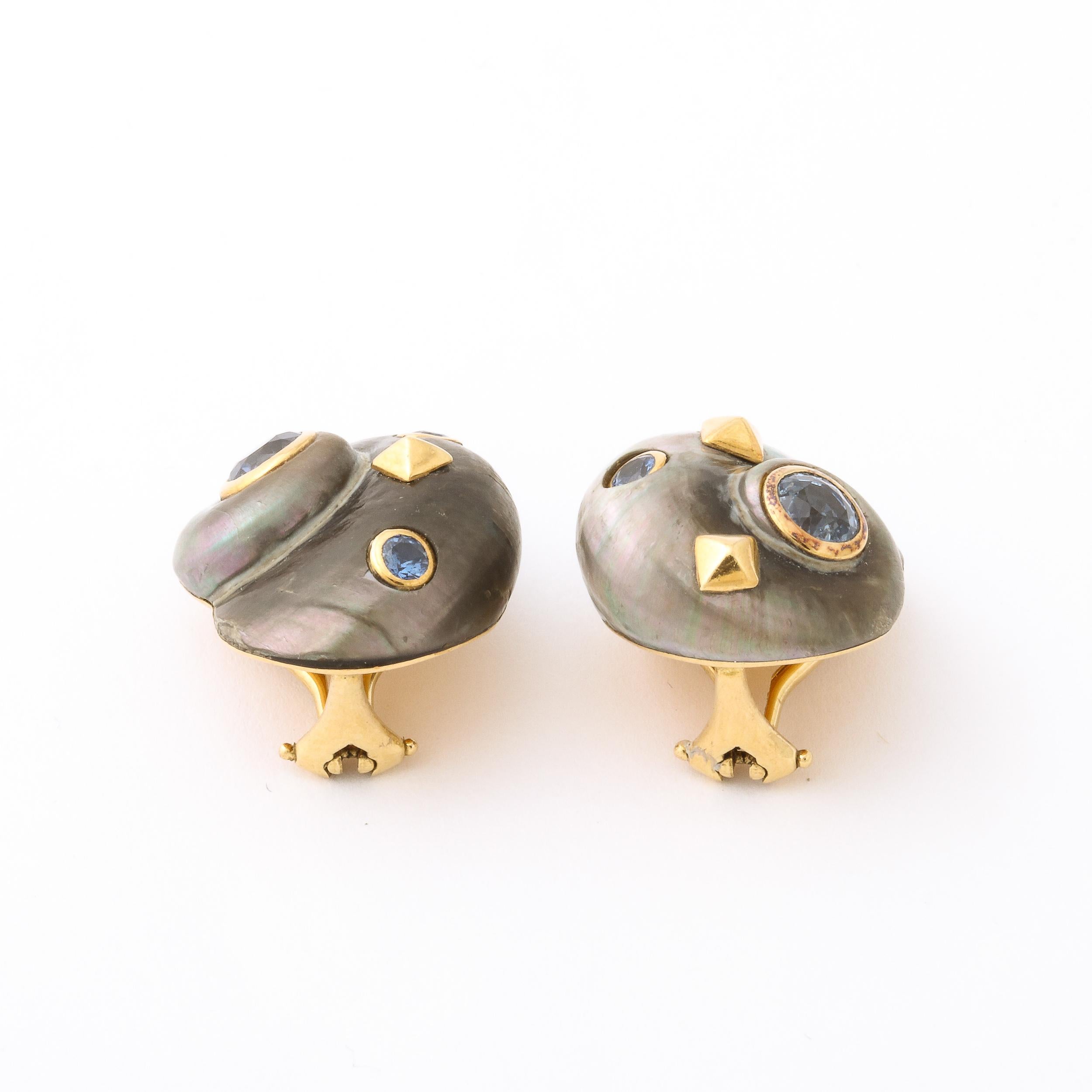 Iridescent Grey Shell Earrings Set in 18k Gold & Inlaid Blue Topaz by Trianon 6