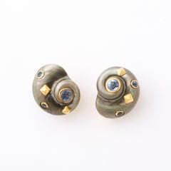 Iridescent Grey Shell Earrings Set in 18k Gold & Inlaid Blue Topaz by Trianon