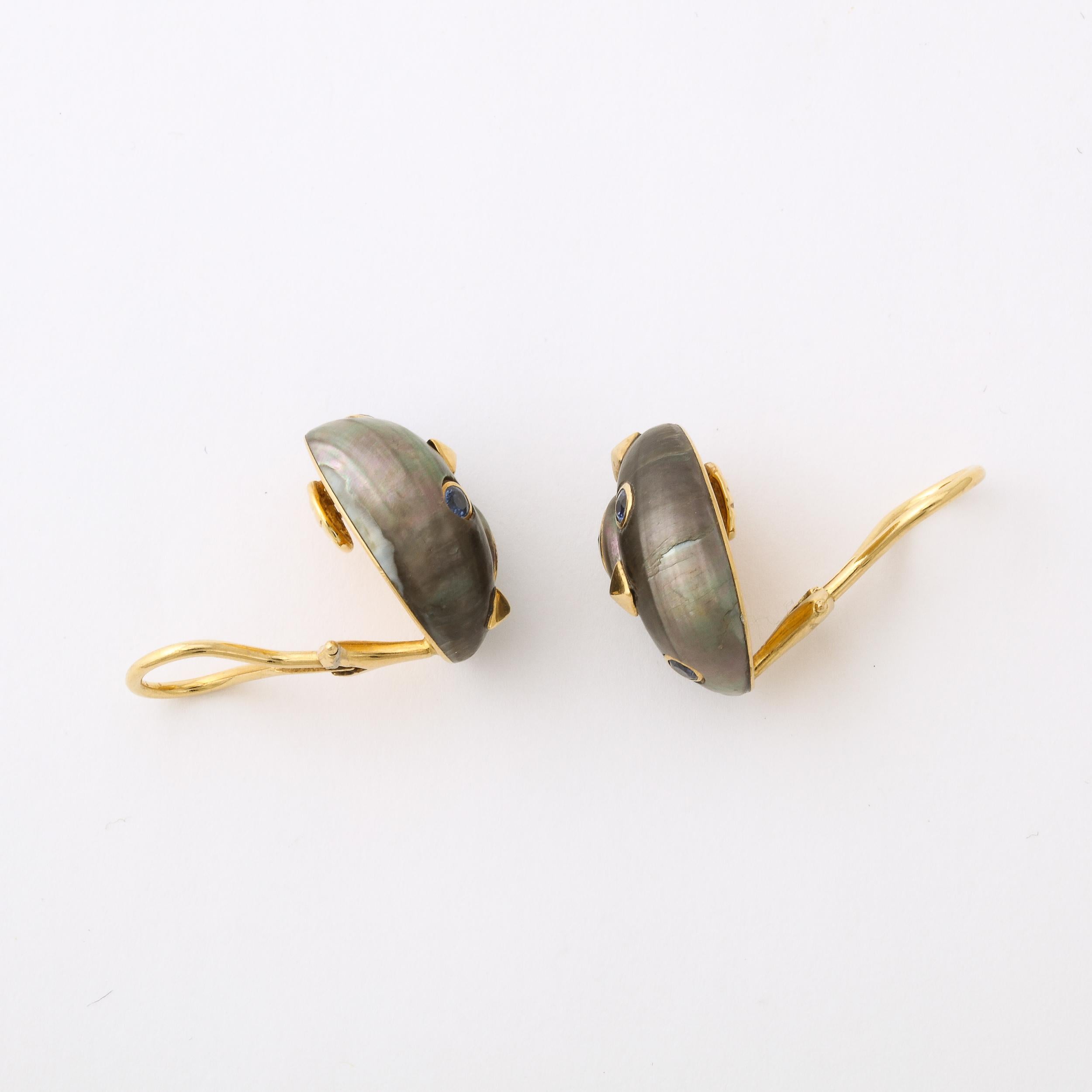 Round Cut Iridescent Grey Shell Earrings Set in 18k Gold & Inlaid Blue Topaz by Trianon