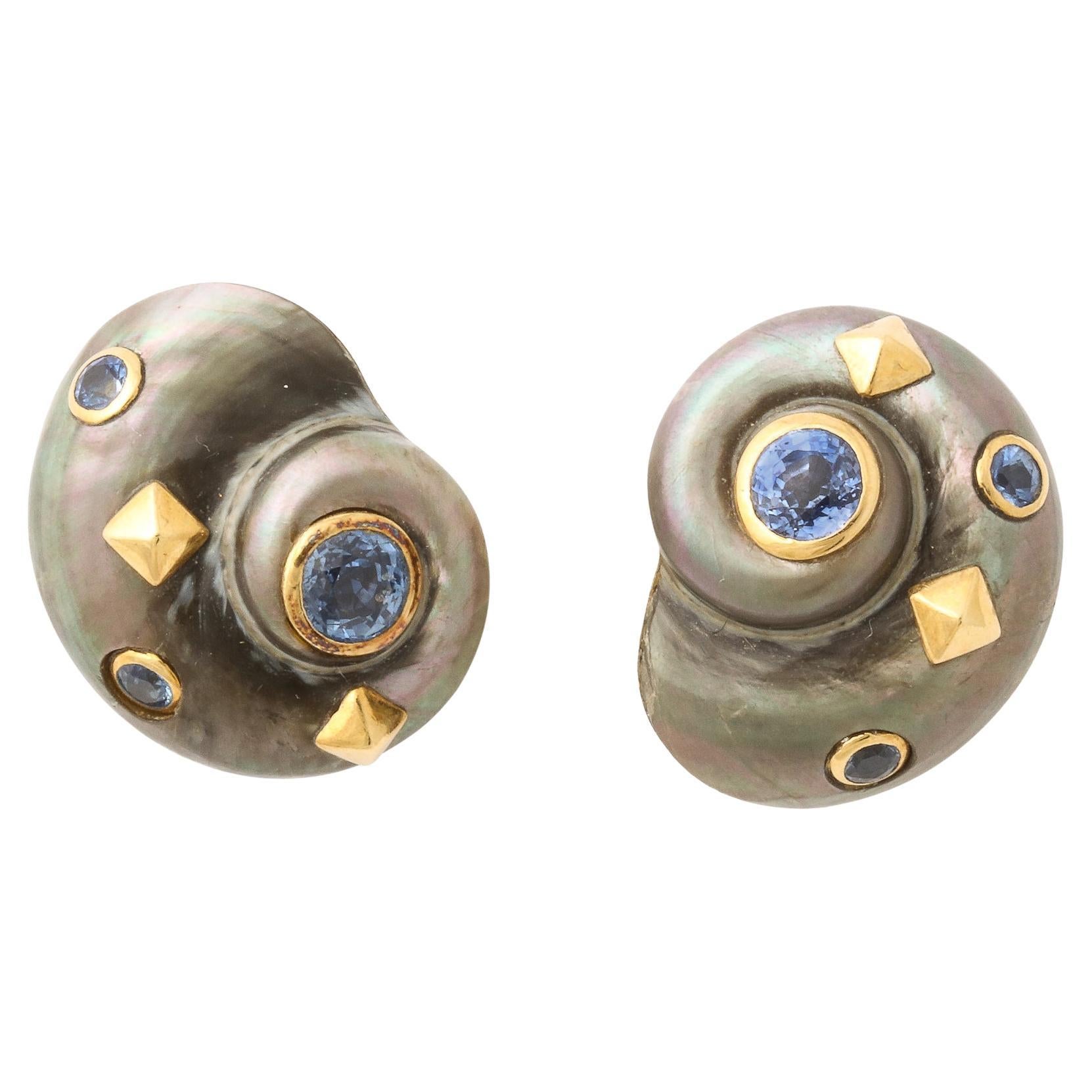 Iridescent Grey Shell Earrings Set in 18k Gold & Inlaid Blue Topaz by Trianon