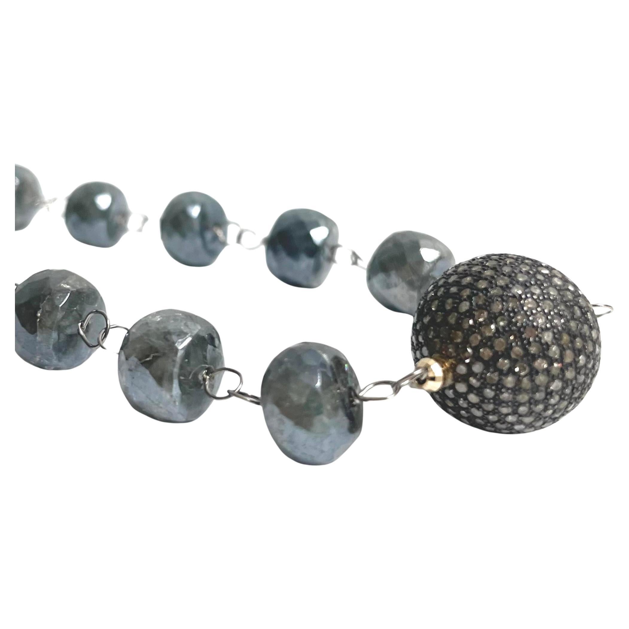 Iridescent Grey Silverite Sapphire with Pave Diamond Ball Paradizia Necklace In New Condition In Laguna Beach, CA