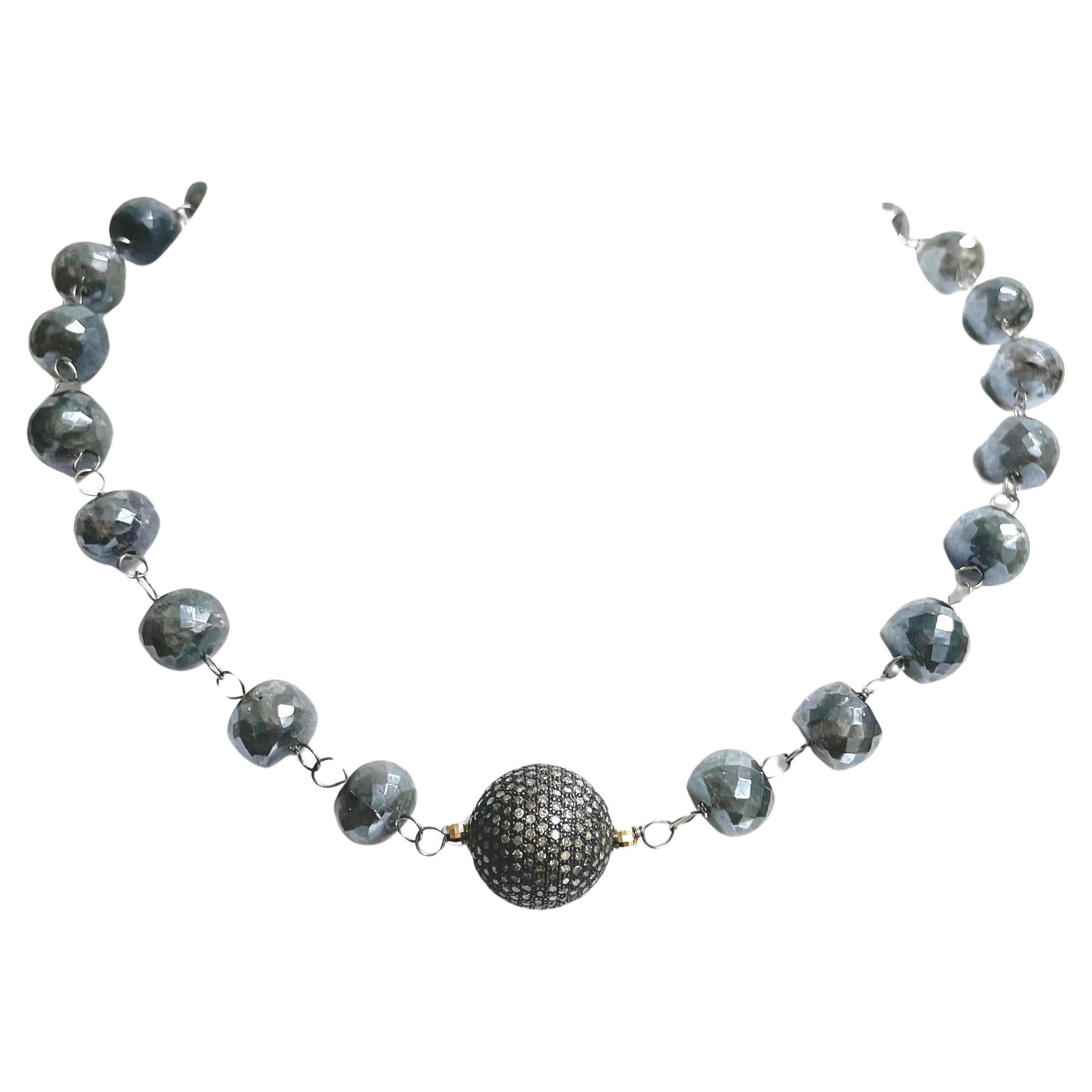 Iridescent Grey Silverite Sapphire with Pave Diamond Ball Paradizia Necklace 1