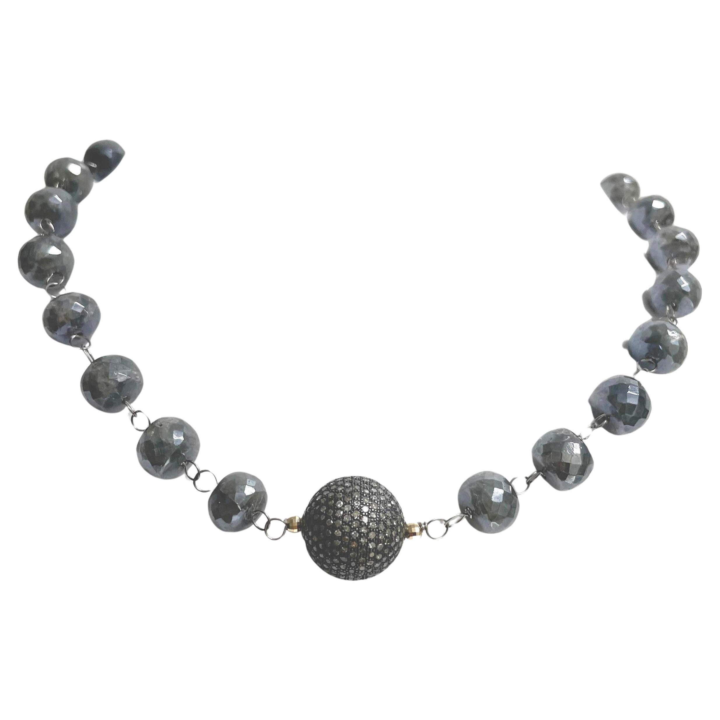 Iridescent Grey Silverite Sapphire with Pave Diamond Ball Paradizia Necklace 3