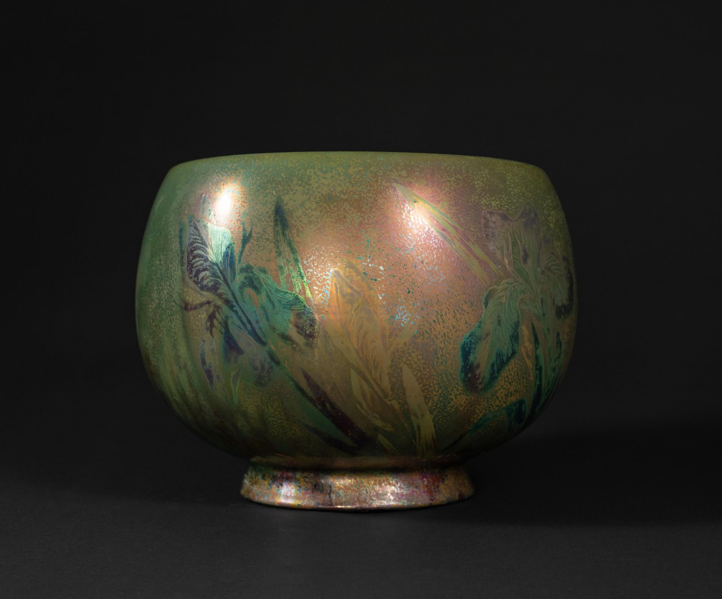 Iridescent Iris Art Nouveau Cachepot by Clement Massier In Good Condition For Sale In Chicago, US
