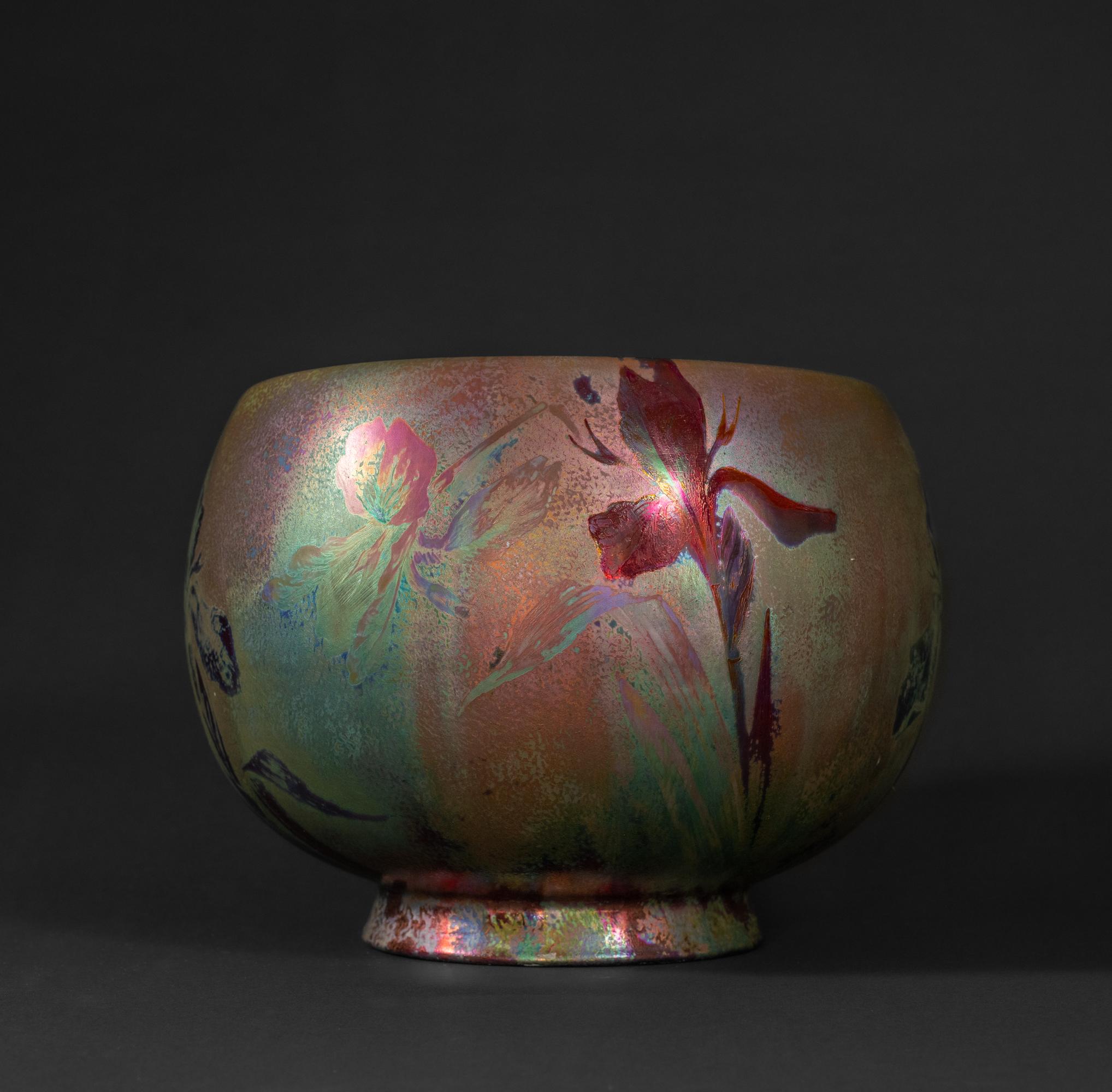 Iridescent Iris Art Nouveau Colorful Cachepot by Clement Massier In Good Condition For Sale In Chicago, US