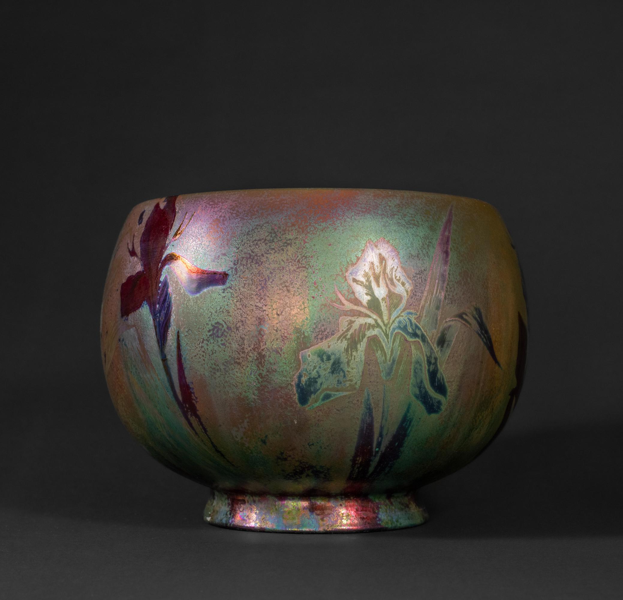 Early 20th Century Iridescent Iris Art Nouveau Colorful Cachepot by Clement Massier For Sale